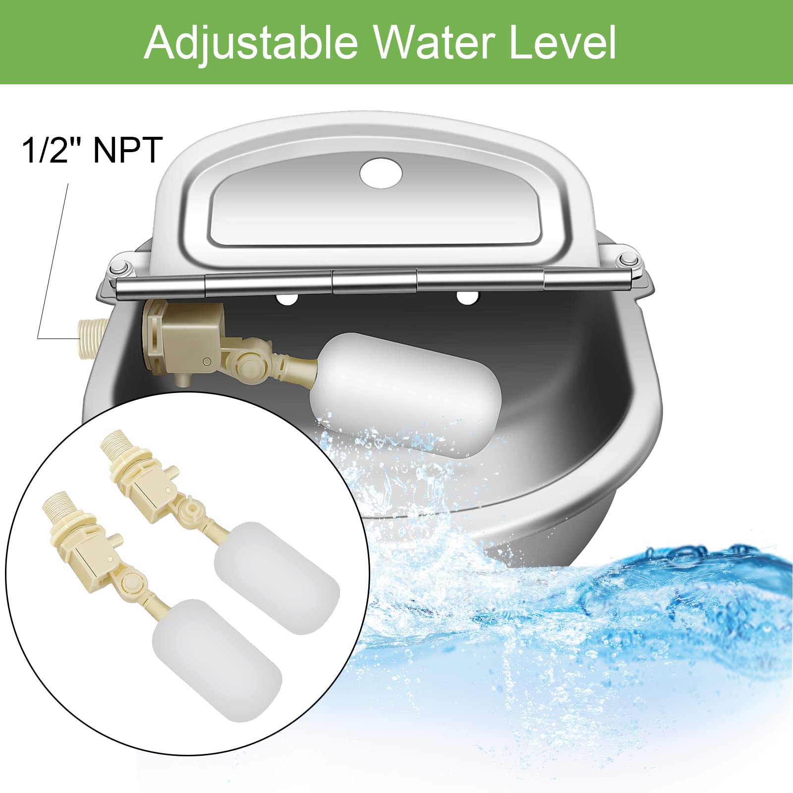Abbeveratoio automatico per bestiame in acciaio inox 304 per cane, capra, maiale, abbeveratoio con 2 valvole galleggianti, tubo dell'acqua da 99 cm, connettore da 3/4"