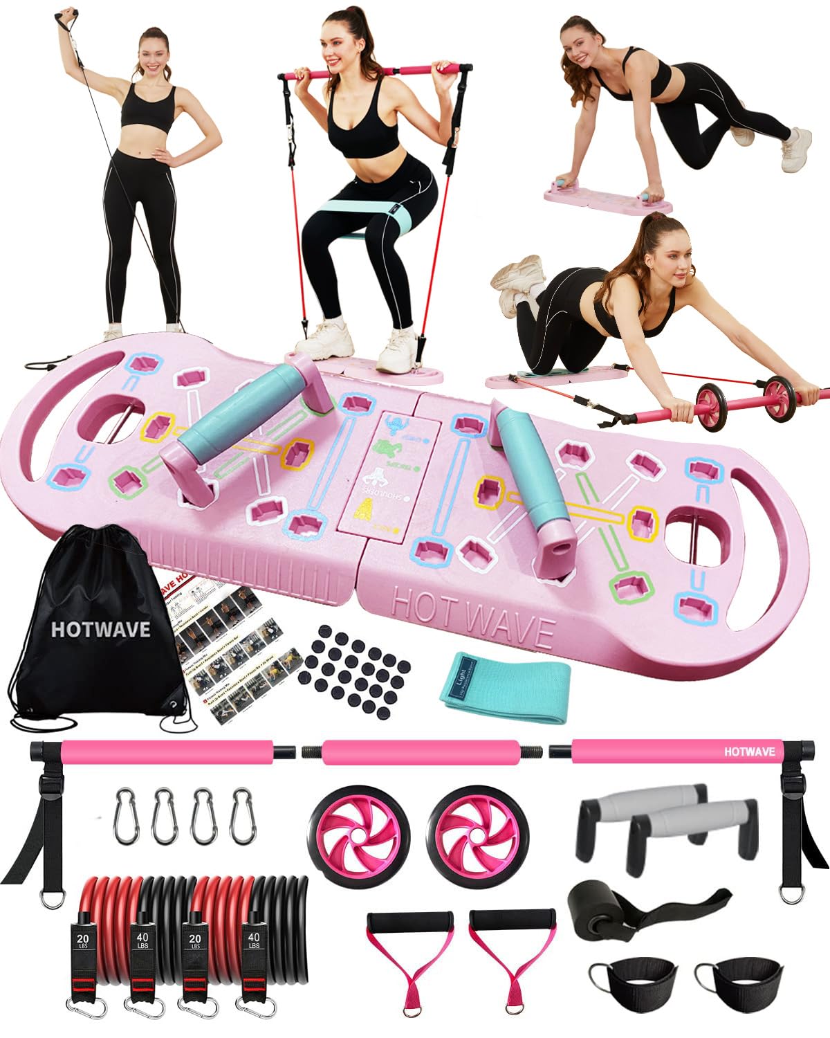 HOTWAVE Portable Exercise Equipment with 16 Gym Accessories.20 in 1 Push Up Board Fitness,Resistance Bands with Ab Roller Wheel,Full Body Workout at Home