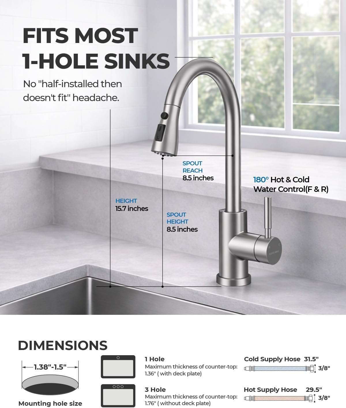 WEWE Kitchen Faucets with Pull Down Sprayer, Leak-Proof Stainless Steel Lead-Free Single Handle 1 Hole for Family Kitchen Commercial Camper Laundry Rv Bar, Brushed Nickel Bar Sink Faucet - Image 6