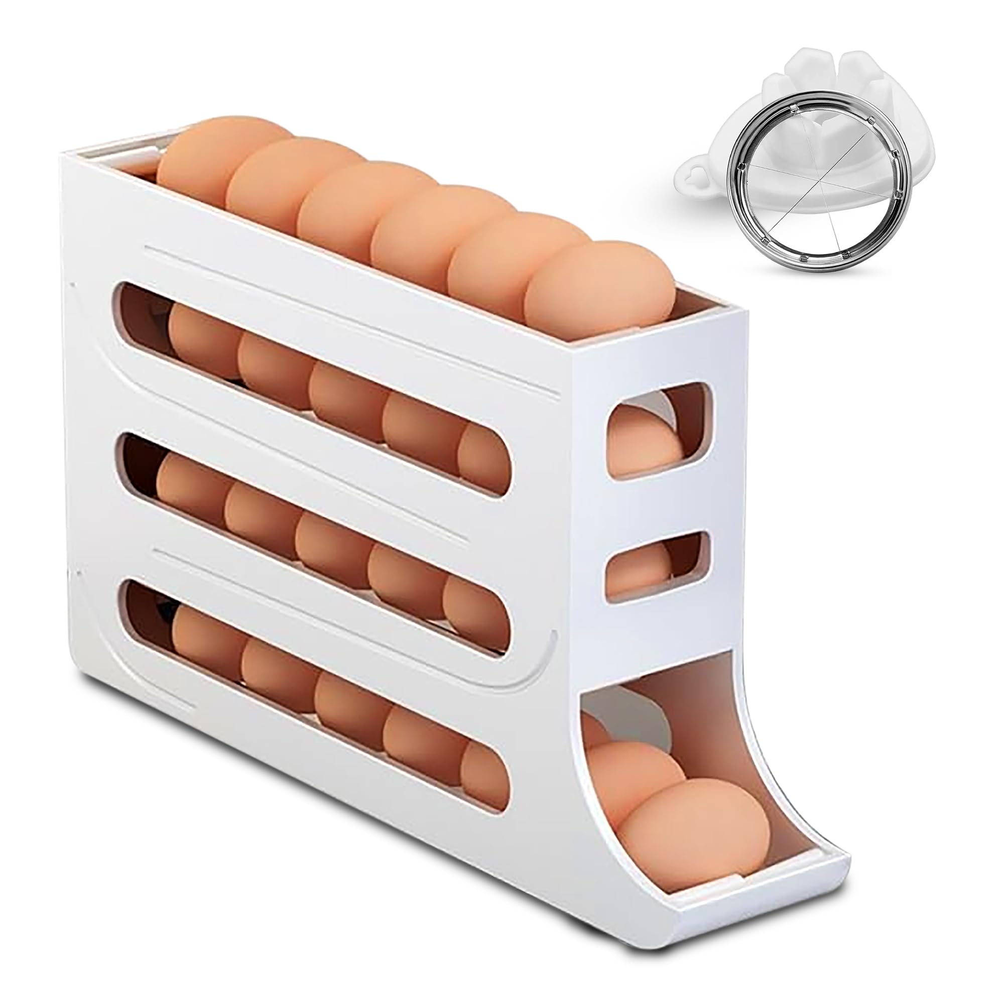 ZAYLAN Auto-Rolling Egg Holder for Fridge – 4-Tier Space-Saving Dispenser Holds 28 Eggs, White Organizer with FREE Flower Egg Cutter