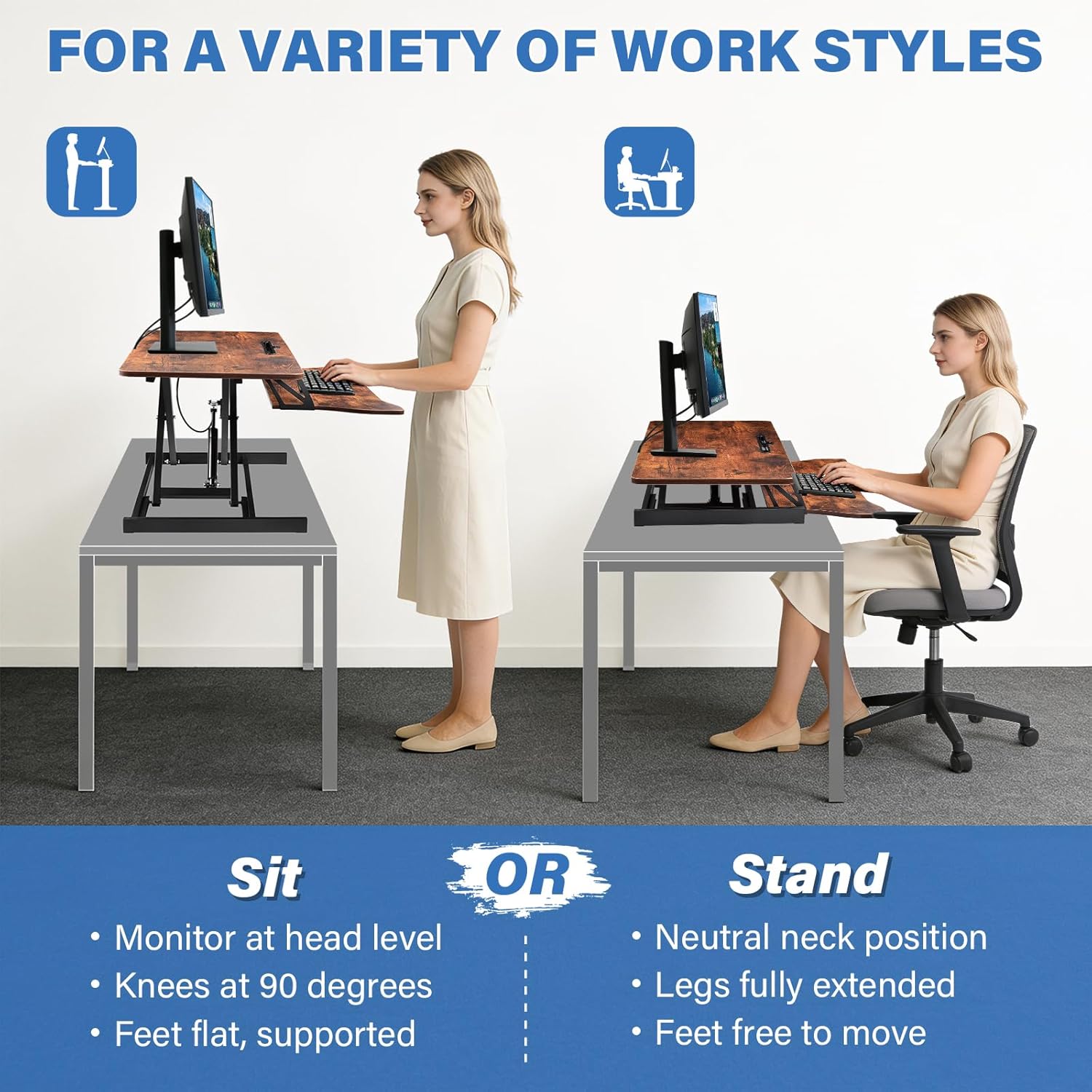 37 Inch Standing Desk Converter, Two Monitor Stable Stand up Desk Converter, 5.9" to18.8 Height Adjustable Laptop Workstation with Keyboard Tray For Home, Company(Tiger brown)