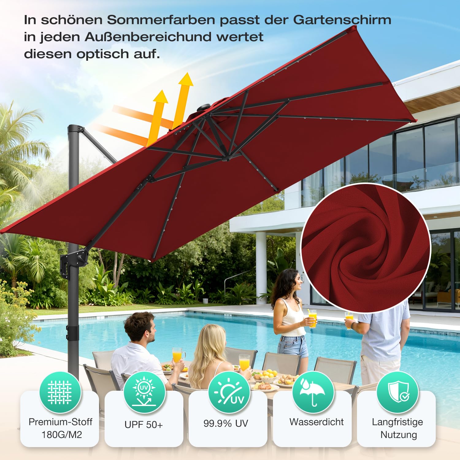 300 x 300 cm Sonnenschirm Ampelschirm Groß Solar LED, Gartenschirm mit Kurbel, 360° drehbar und kippbar, UV50+ Terrassenschirm mit Aluminiumgestell für Garten Terrasse