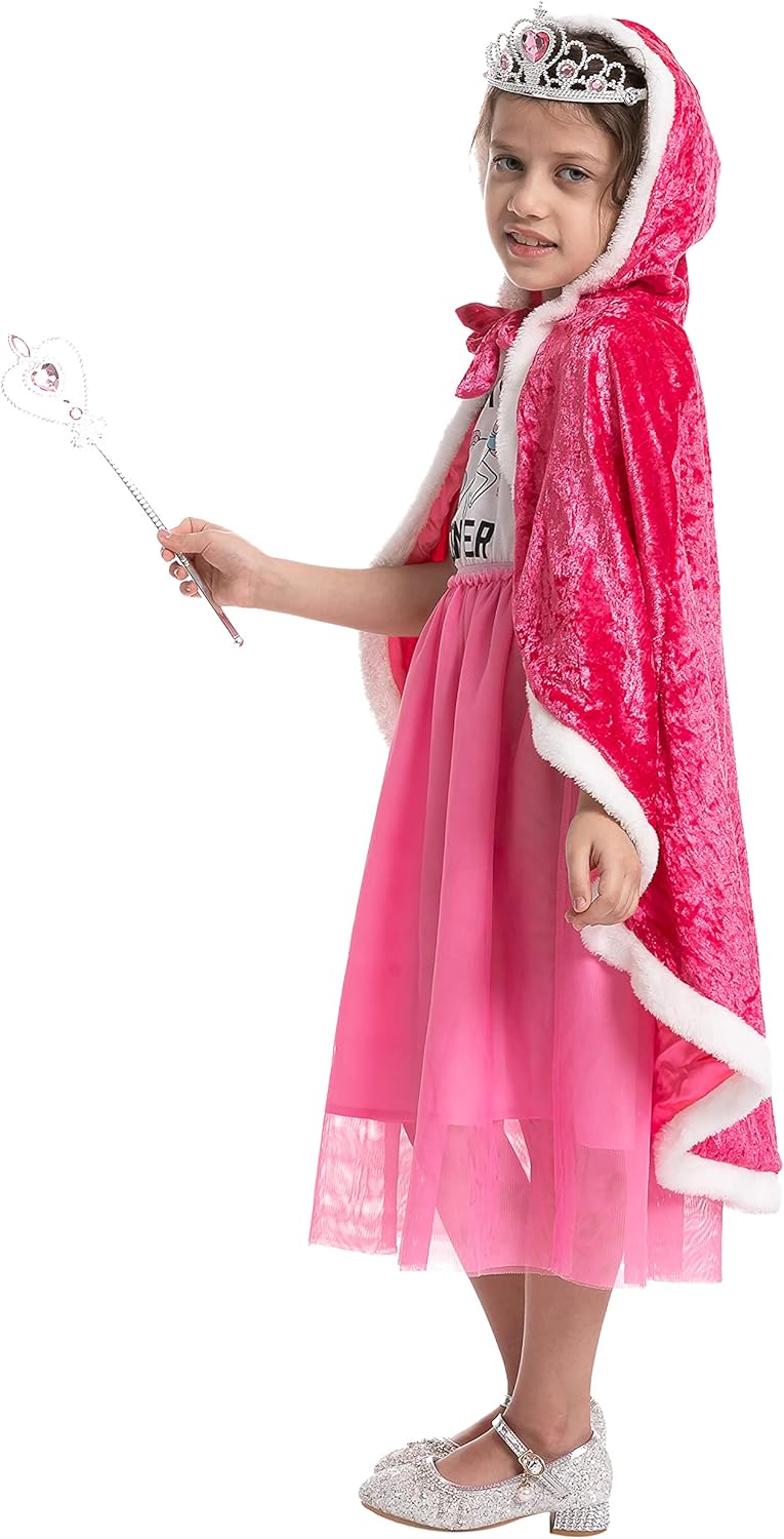 3 PCs Princess Hooded Cape Cloak with Tiara Crown and Wand Girls Princess Costume Dress Up Accessories for Halloween Cosplay (Pink, 8-9 yr) : Clothing, Shoes & Jewelry
