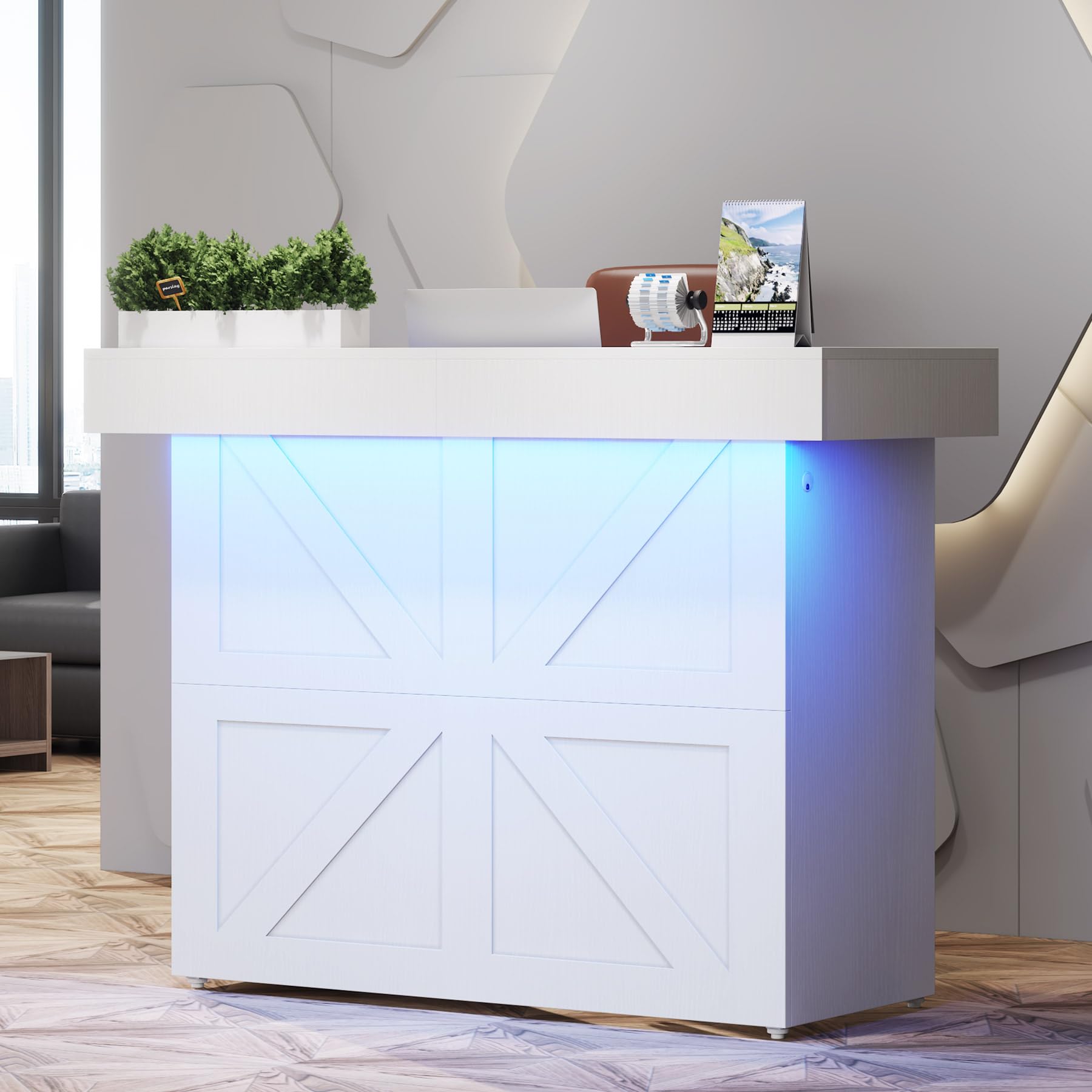 Tribesigns Reception Desk with Counter, 55-Inch Front Desk with LED Light and Cable Grommets, Modern Checkout Counter Table for Office, Salon, Lobby (White)