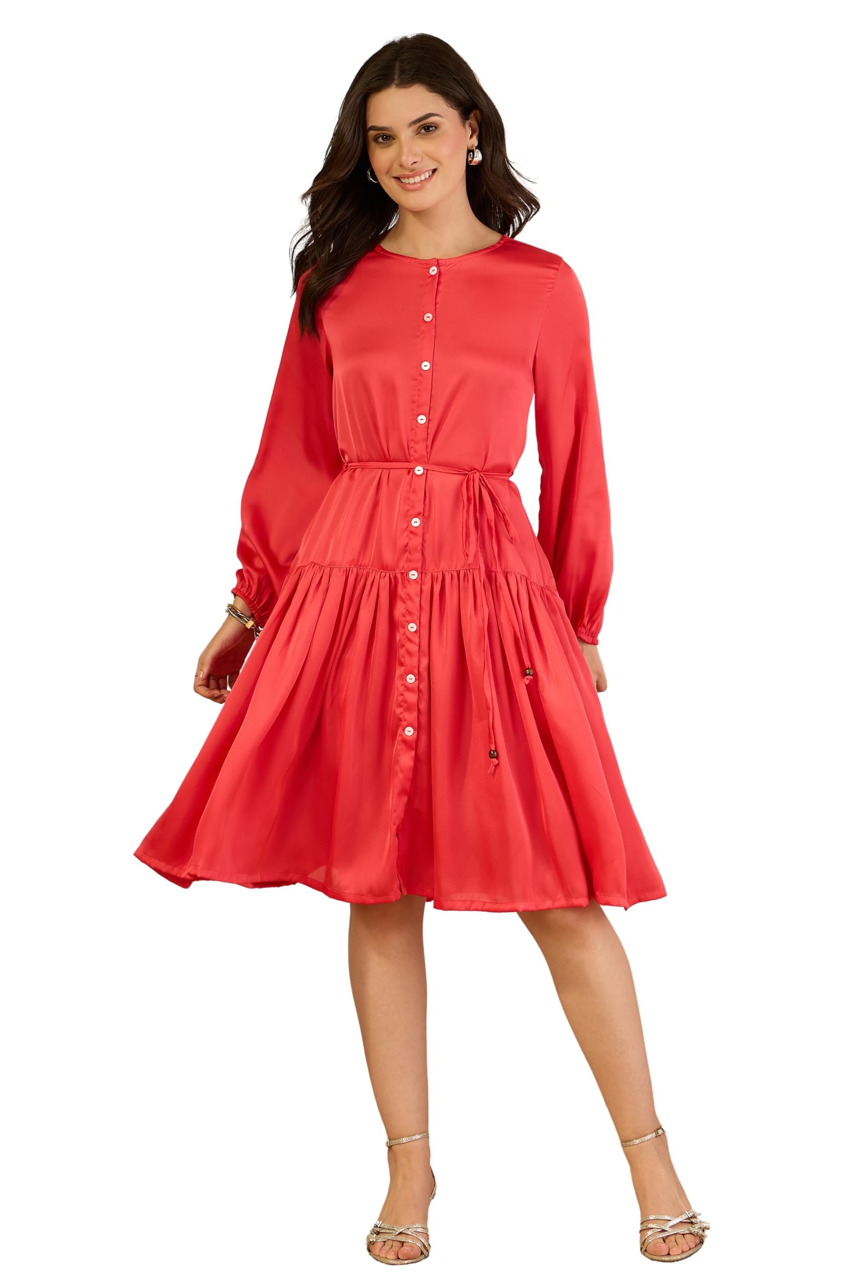 janasya Women's Pink Satin Solid Gathered Dress-picture-14