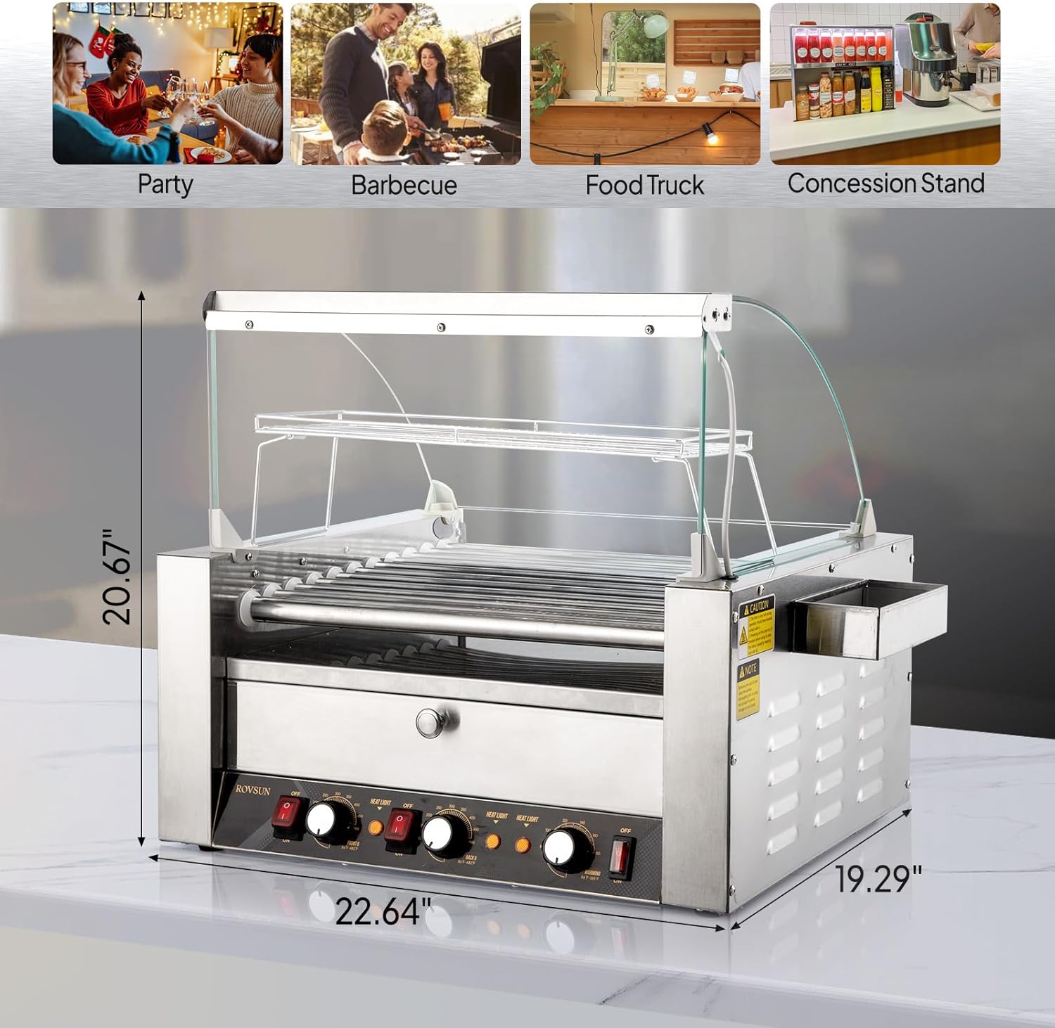 ROVSUN 30 Hot Dog 11 Roller, Hot Dog Roller Warmer Grill Cooker Machine w/Bun Warmer, Cover, Dual Temp Control, LED Light, Removable Shelf & Drip Tray for Party Home Commercial 2000W ETL Certified