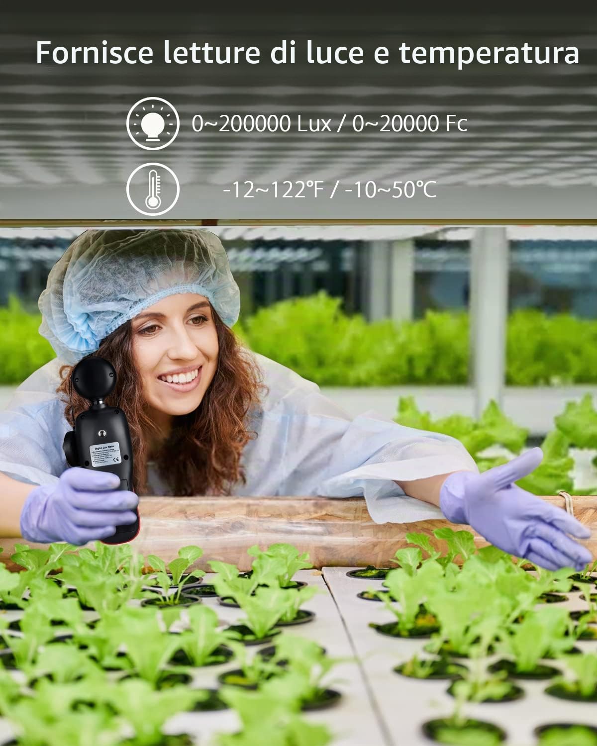 Wintact Misuratore di luce digitale palmare con termometro ambientale, gamma Lux Meter fino a 200.000 lux, fotometro test di rilevamento dell'intensità della luce per piante da interno da giardino LED
