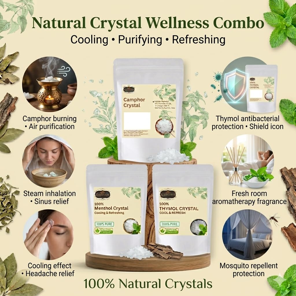 Kapuram Camphor,Menthol Crystal & Thymol CRYSTAL (KAPOOR,PEPPER MINT,AJWAIN PHOOL)| Combo 150gm (50+50+50) 3