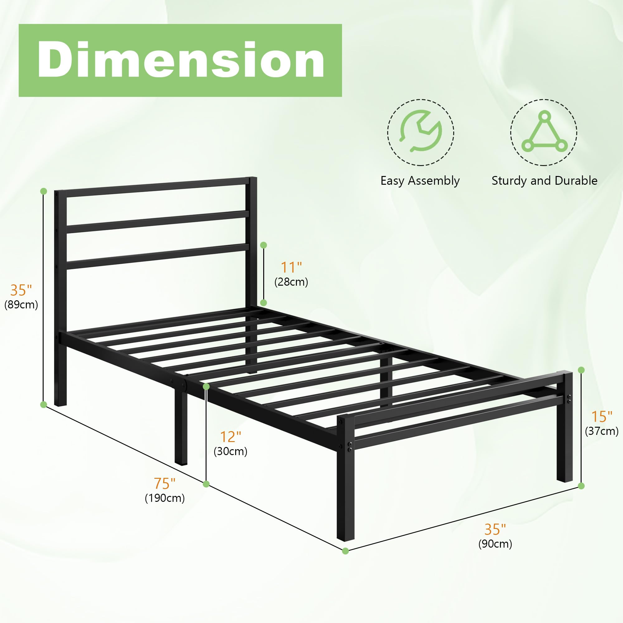 Lutown-Teen Cadre de Lit 90 x 190 cm avec Tête, Lit 1 Personne | Sommier Robuste d'une Hauteur de 30 cm, Support de Lattes en Métal, Espace de Rangement, Montage Facile, Sans Bruit, Noir