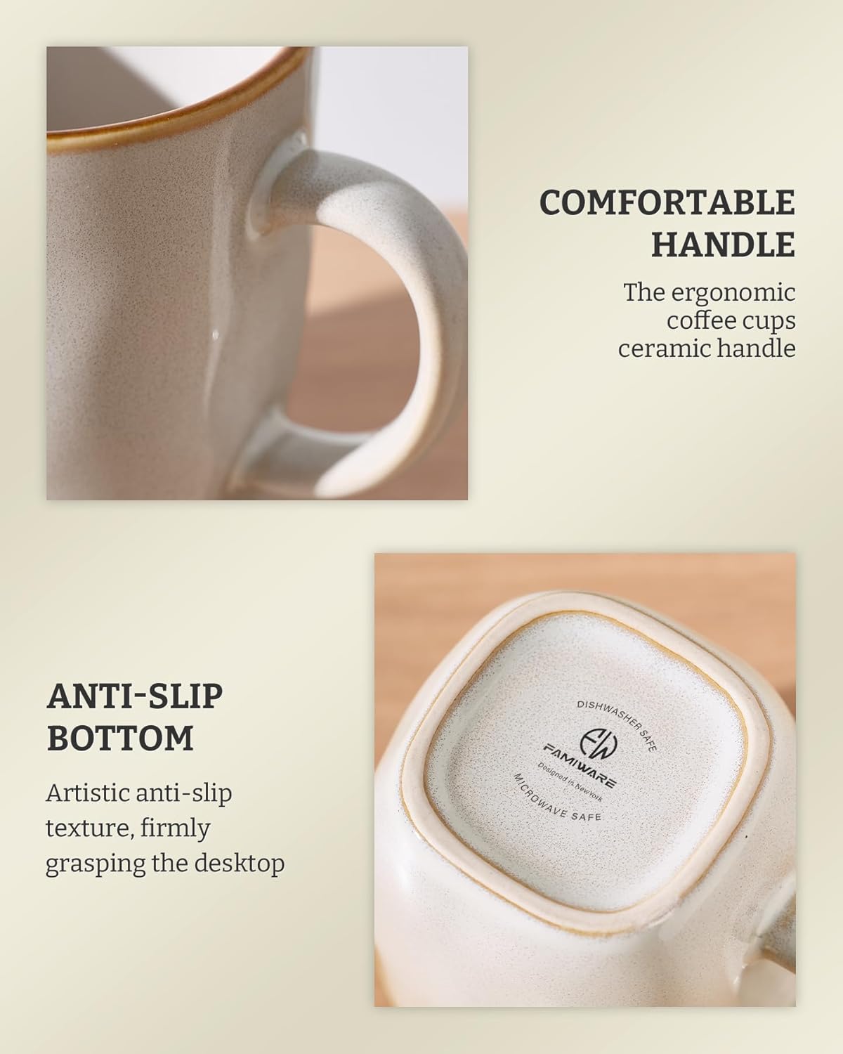 famiware Coffee Mugs Set of 4, Ocean Square 13oz Coffee Cup Set with Handle for Cocoa, Milk, Hot Chocolate, Stoneware Cups for Kitchen, Reactive Glaze, Microwave and Dishwasher Safe, Cappuccino White - Image 8