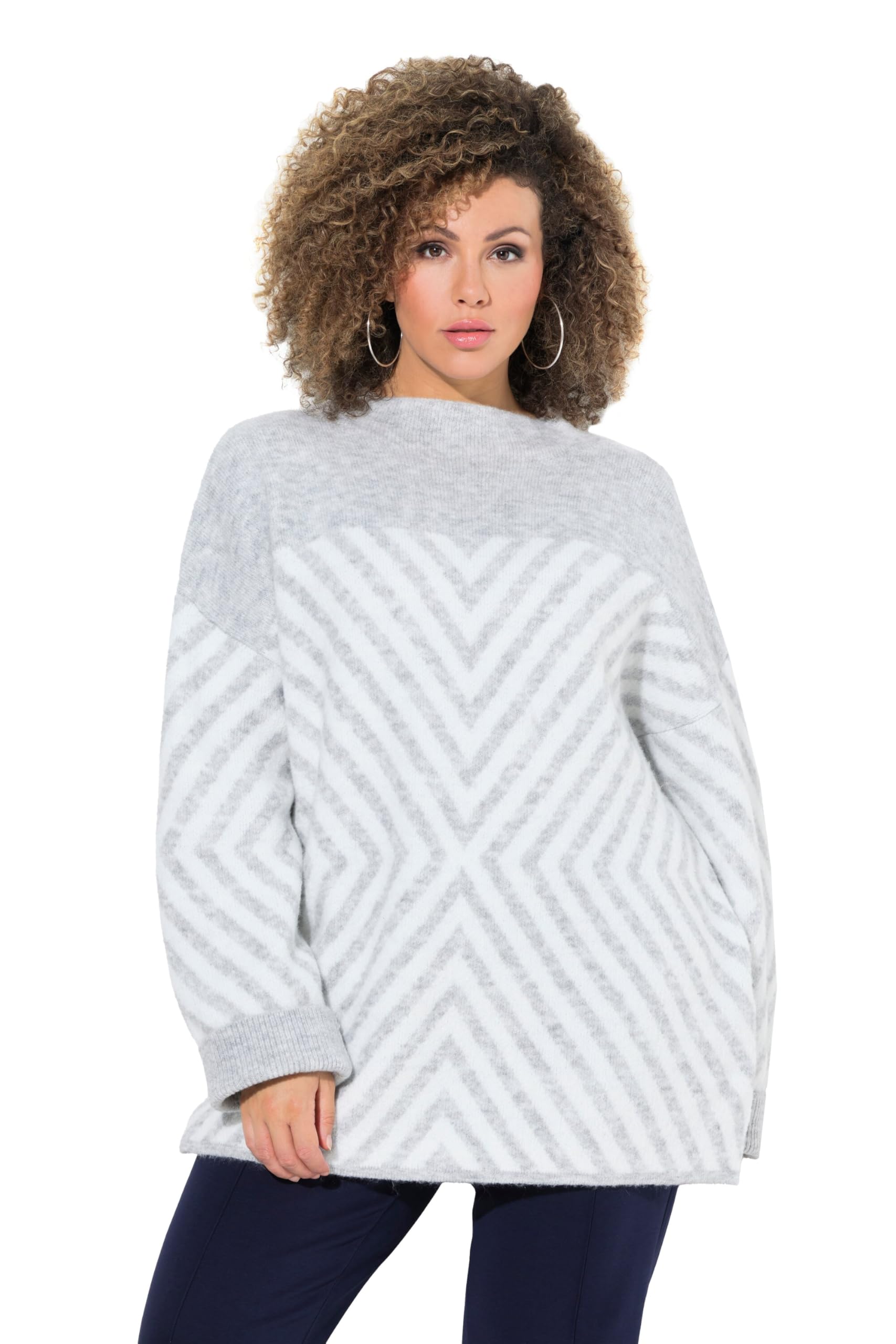 Ulla Popken Damen große Größen Übergrößen Plus Size Pullover, grafisches Muster, Stehkragen, Langarm 832740