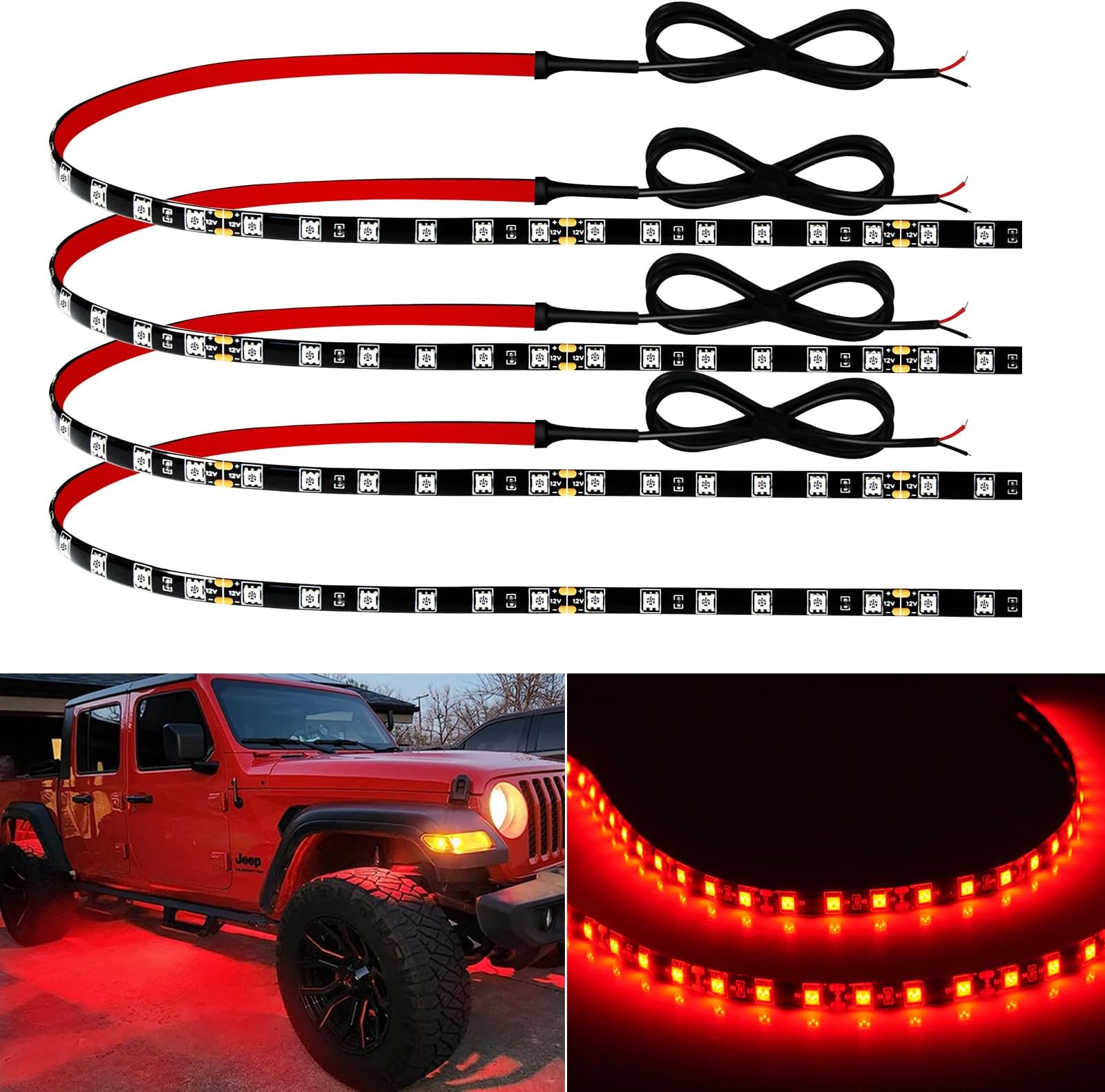 Red Led Strip Lights 24" Connectable 12V Led Light Strip for Cars Golf Cart Boat Marine Motorcycle Interior & Exterior Waterproof Car Light Strip, 4Pack