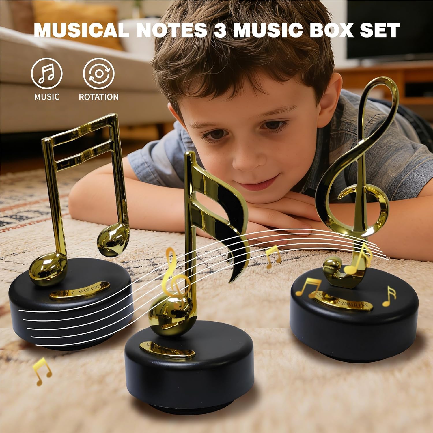 Boîte à musique Note de musique – 3 statues dorées, cadeau décoratif, joue le sous-marin jaune, joyeux anniversaire, son de la musique