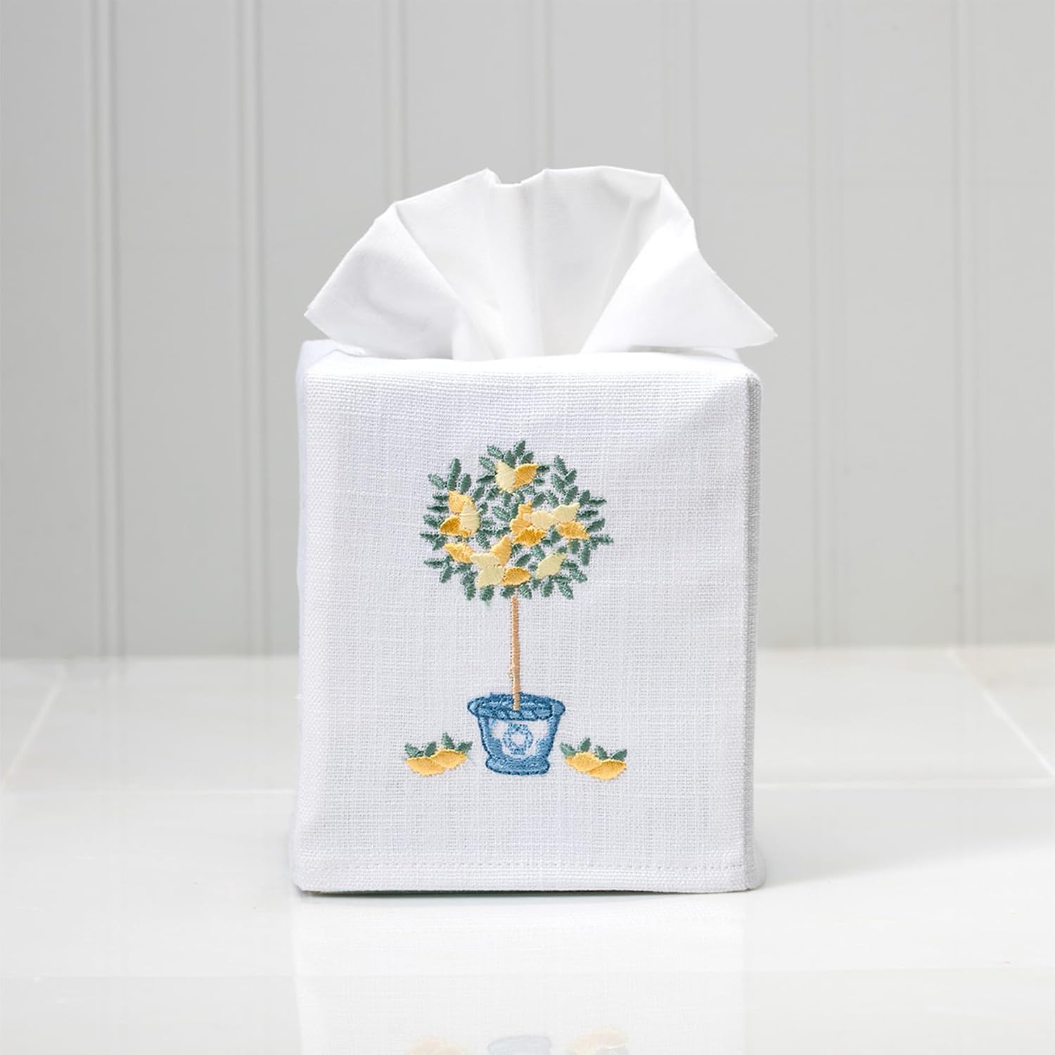 Jacaranda Living Square Tissue Box Cover, Linen/Cotton Fabric Tissue Holder, Decorative Cloth Tissue Cube Cover, Botanical Designs, Lemon Topiary Tree