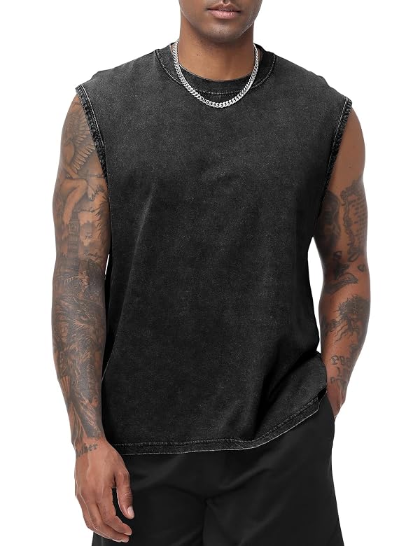 Eisctnd Men's Tank Tops Sleeveless Muscle Shirts, Cotton Acid Wash Loose Fit Workout Tanks Tees for Running Beach(Black-M)
