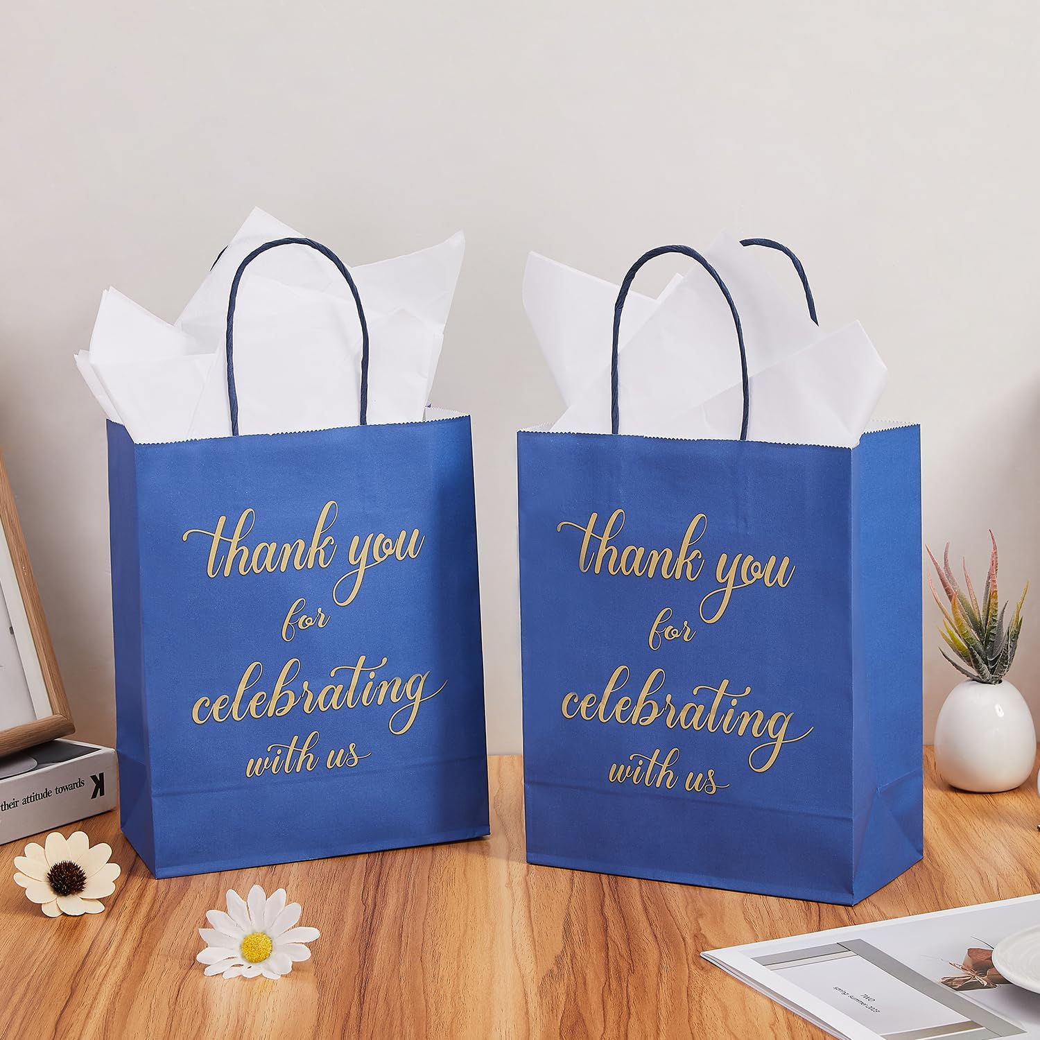 DjinnGlory 50 Pack Medium-Sized Navy Blue Welcome Paper Gift Bags 10x8x4 Inch, Thank You for Celebrating with Us Bags with White Tissue Paper for Wedding, Bridal Shower Parties