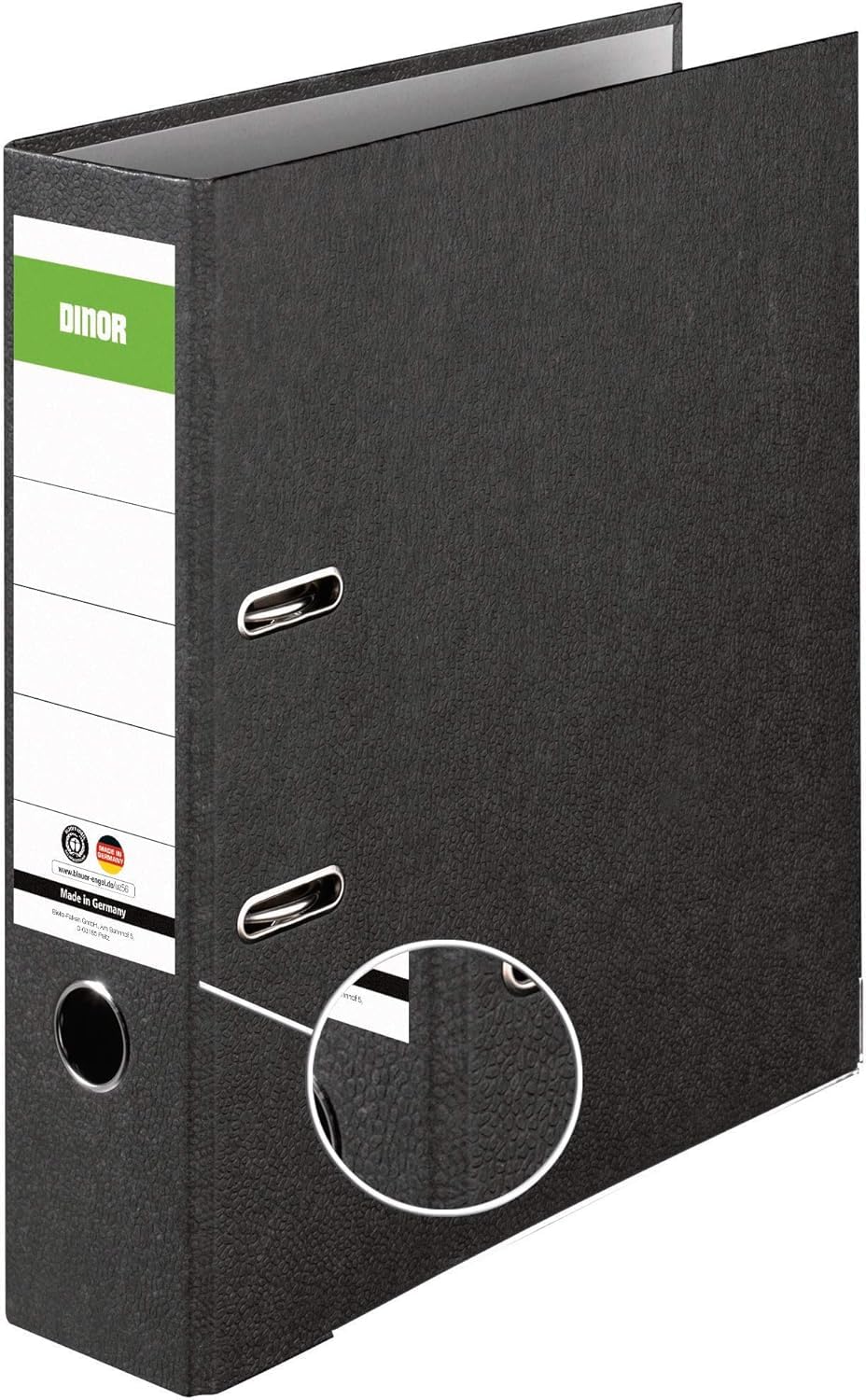 DINOR Lot de 10 classeurs en marbre nuageux recyclés - Fabriqué en Allemagne - 8 cm de large - Format A4 - Noir - Classeur à lettres - Classeur à fente - Barre verte - Ange bleu