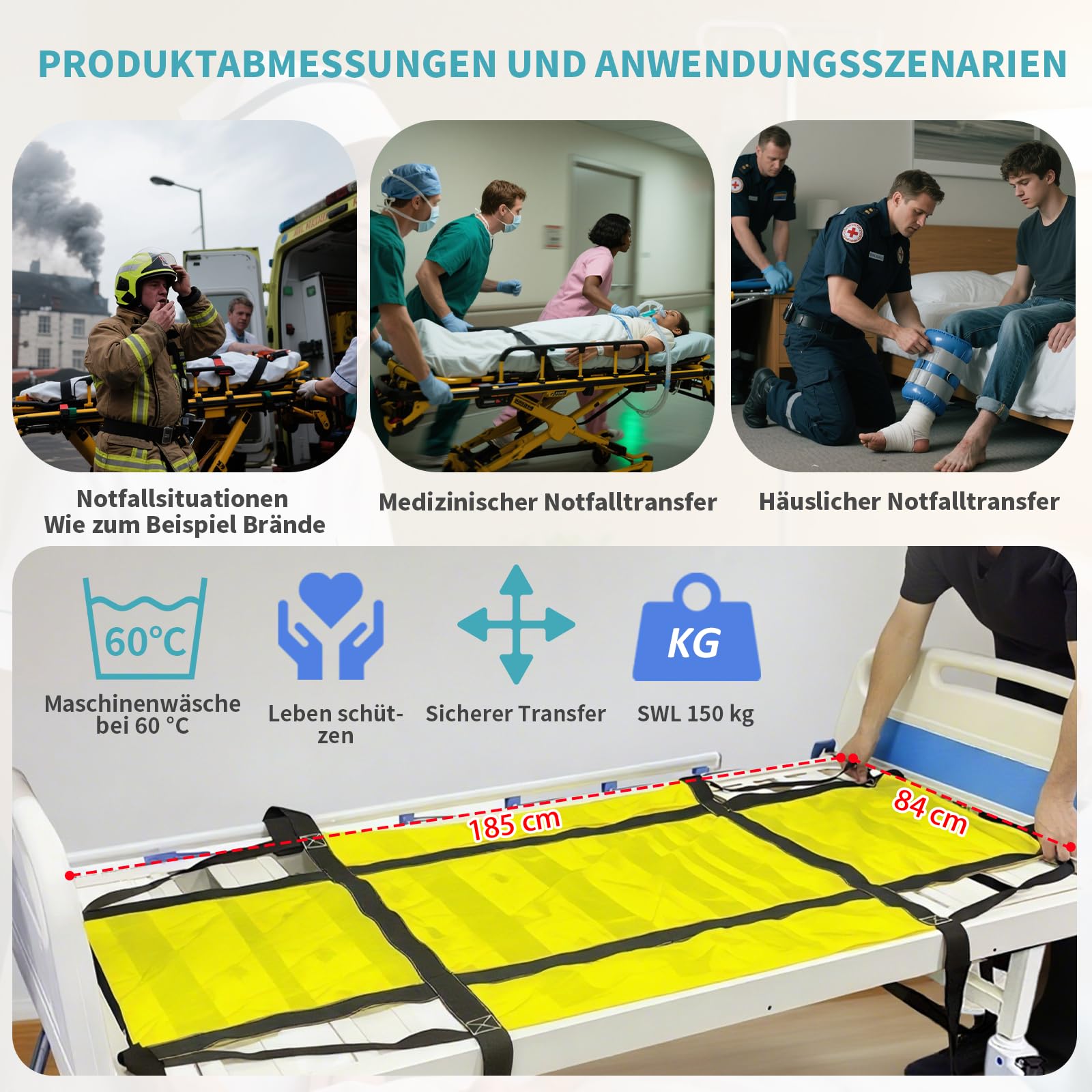 Evakuierungstuch Rettungstuch mit Sicherheitsschnallen für bettlägerige Personen, Notfall Evakuierungsmatte für Patiententransfer, Transferhilfe für Pflegeheim und Zuhause