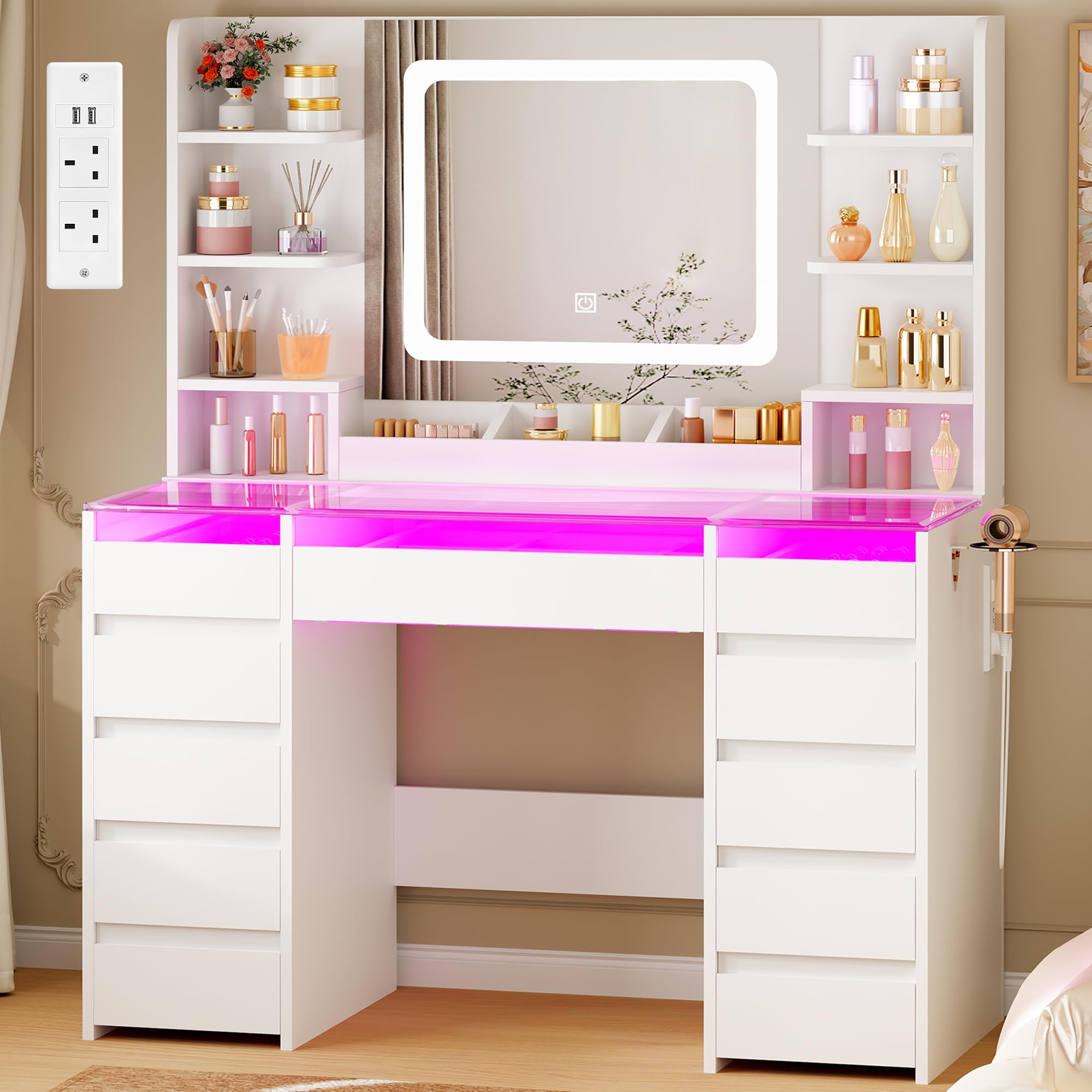 YUNSCEND Dressing Table with Mirror and RGB Light, Modern Vanity Desk with Transparent Glass Top, Makeup Desk with Power Outlet, 11 Drawers and 6 Shelves, Vanity Table for Bedroom White YXFST001W