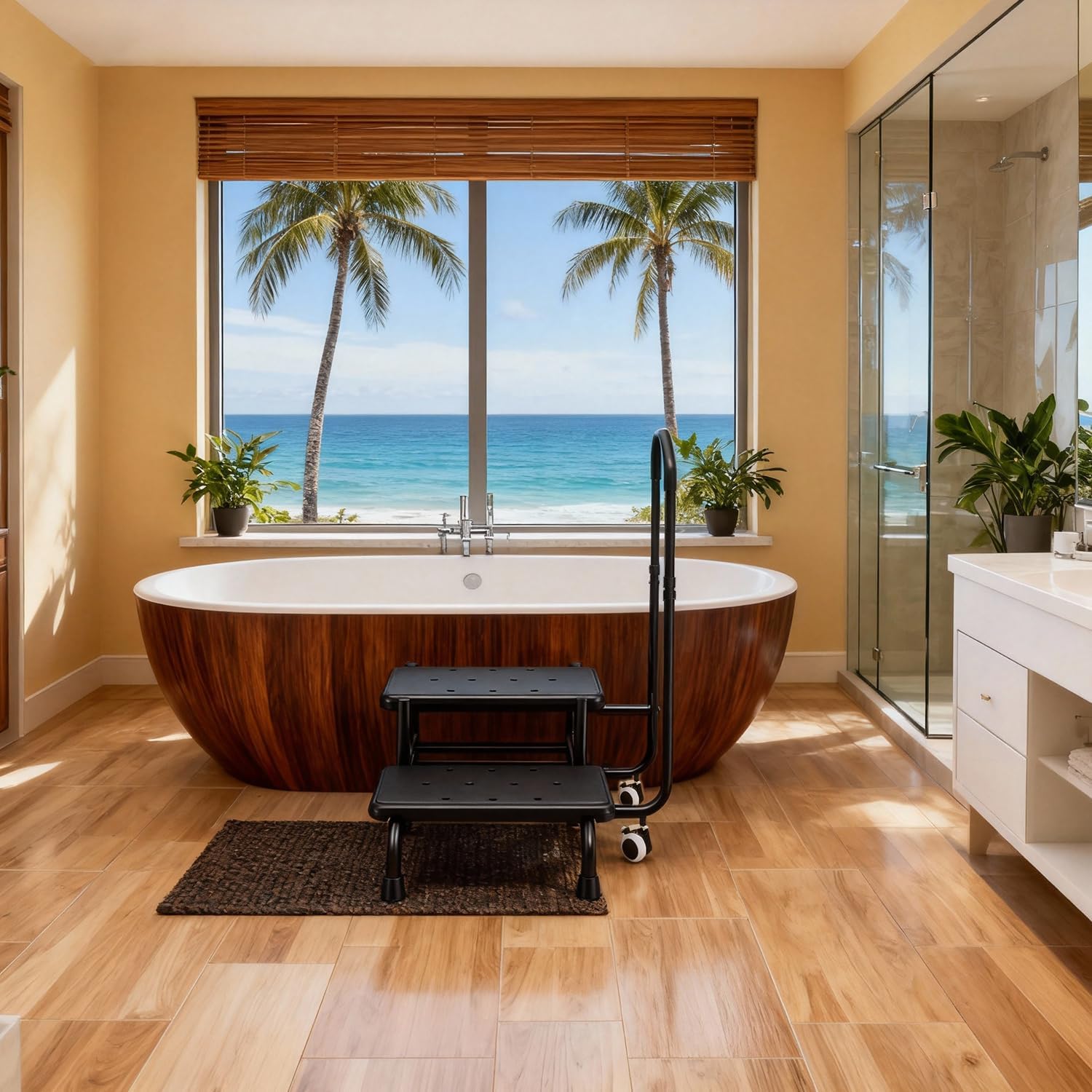 2 Step Stool with Handrail & 2 Casters for Elderly, Bed Steps for High Beds for Adults, Non Slip Platform and Adjustable Handrail, for Kitchen Bathroom RV Bathtub, Assist Rail for Elderly, black