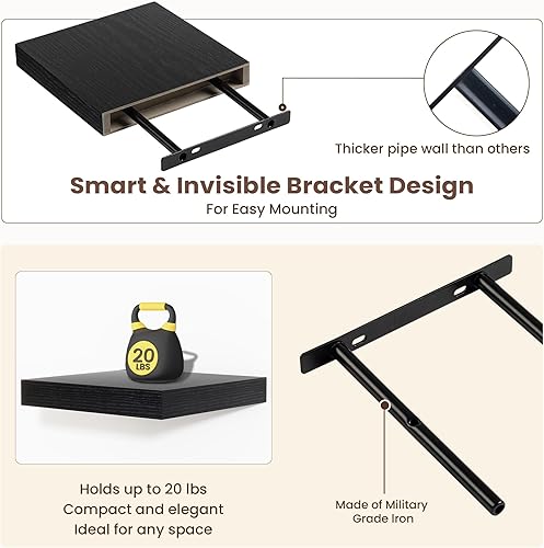 Miniatura 4 de Fun Memories - Estantes flotantes para pared - Estantes cuadrados de 7.5 pulgadas con soportes invisibles, estante pequeño de pared negro para
