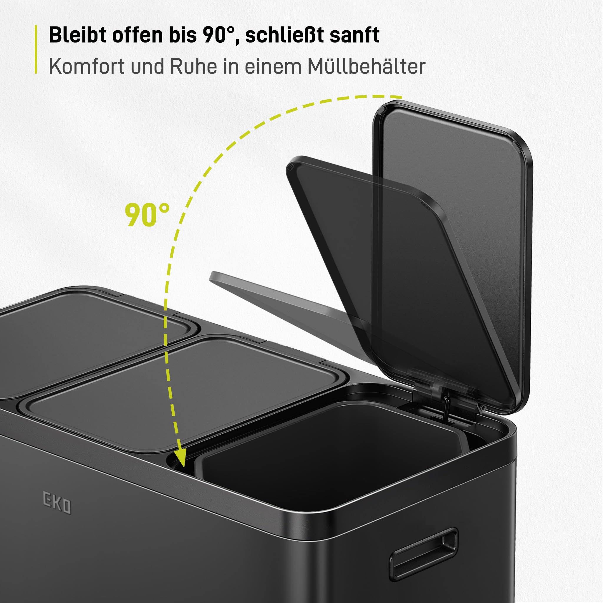 EKO Essential Mülleimer 3 Fächer, 3 x 20 Liter, Mülltrennsystem Küchentretmülleimer, inklusive 20 Müllsäcke, Großraum Abfalleimer mit Deckel, sanftem Schließen und luftdicht, Mattschwarz Edelstahl