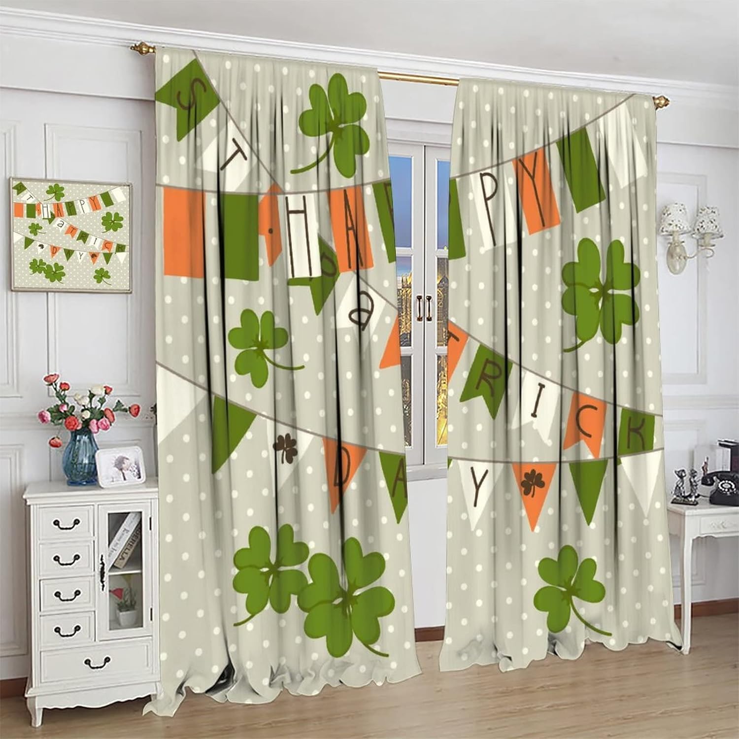Happy St.Patrick's Day Curtains,Green Shamrock Leaf Irish Good Lucky,Blackout Rod Pocket Window Drapes 2 Panel Set for Living Room Bedroom Kitchen Bathroom Decor W42xL45in
