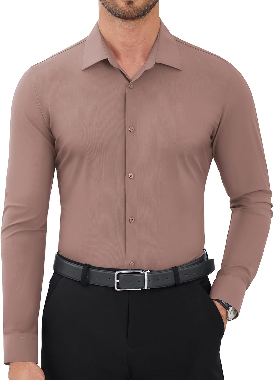 DEMEANOR Stretch Mens Dress Shirts Slim Fit Long Sleeve Wrinkle Free Button Down Formal Business Shirt