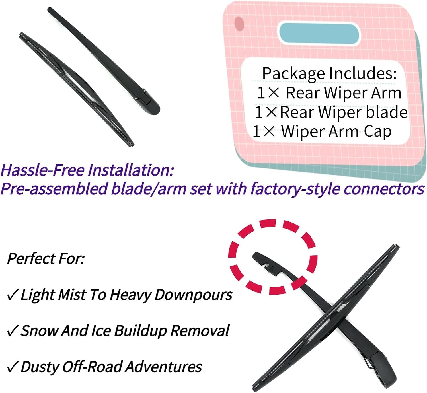 Rear Wiper Blade & Arm Replacement for Acura MDX 2007-2013 2012 2011 2010 2009 2008 - OEM Fit for Base Models - All-Season Rear Back Windshield Wiper Blade Set