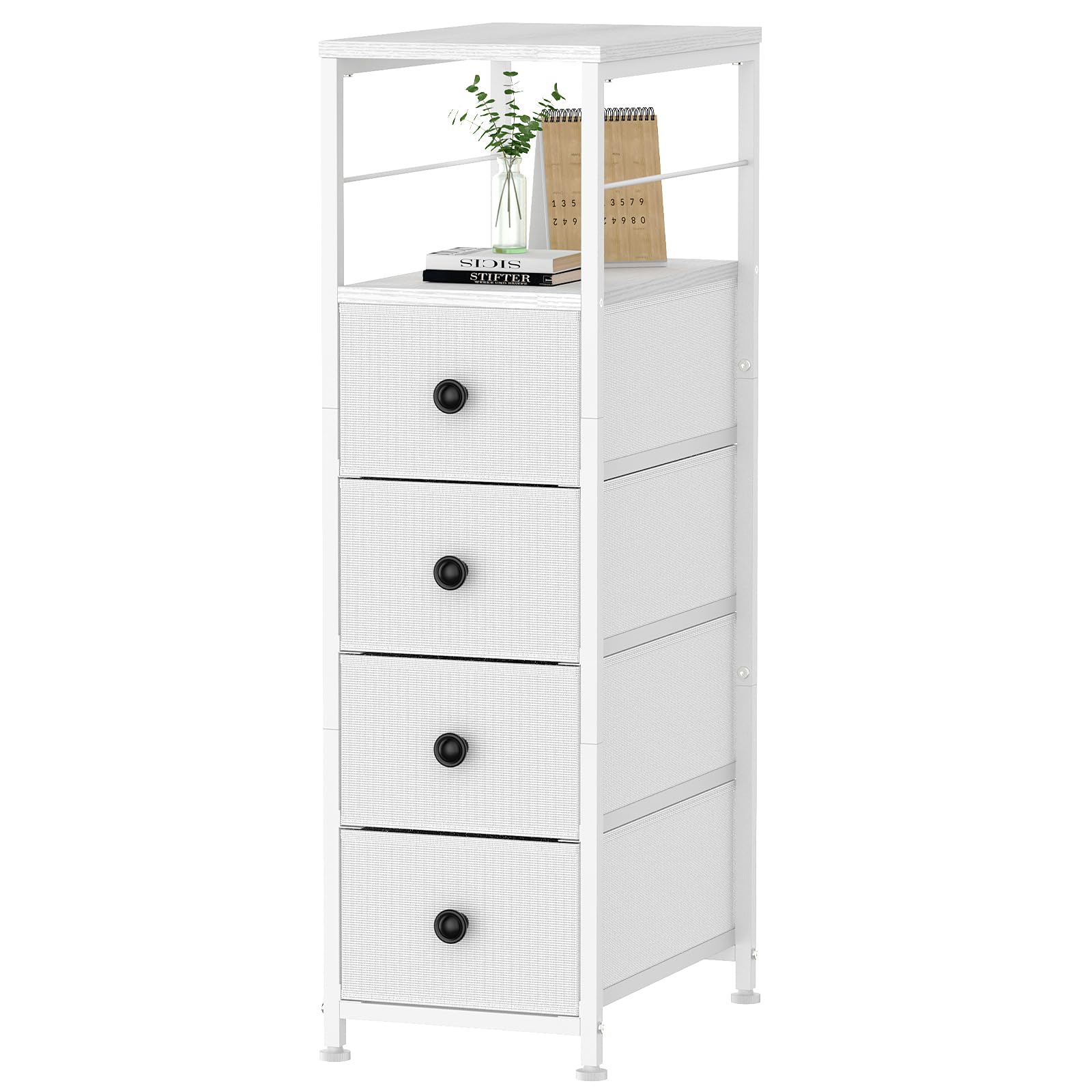 CADUKE Comò stretto in tessuto con 4 cassetti – Cassettiera per spazi ridotti, camera da letto, bagno o soggiorno – Struttura in metallo e piano in legno (bianco)