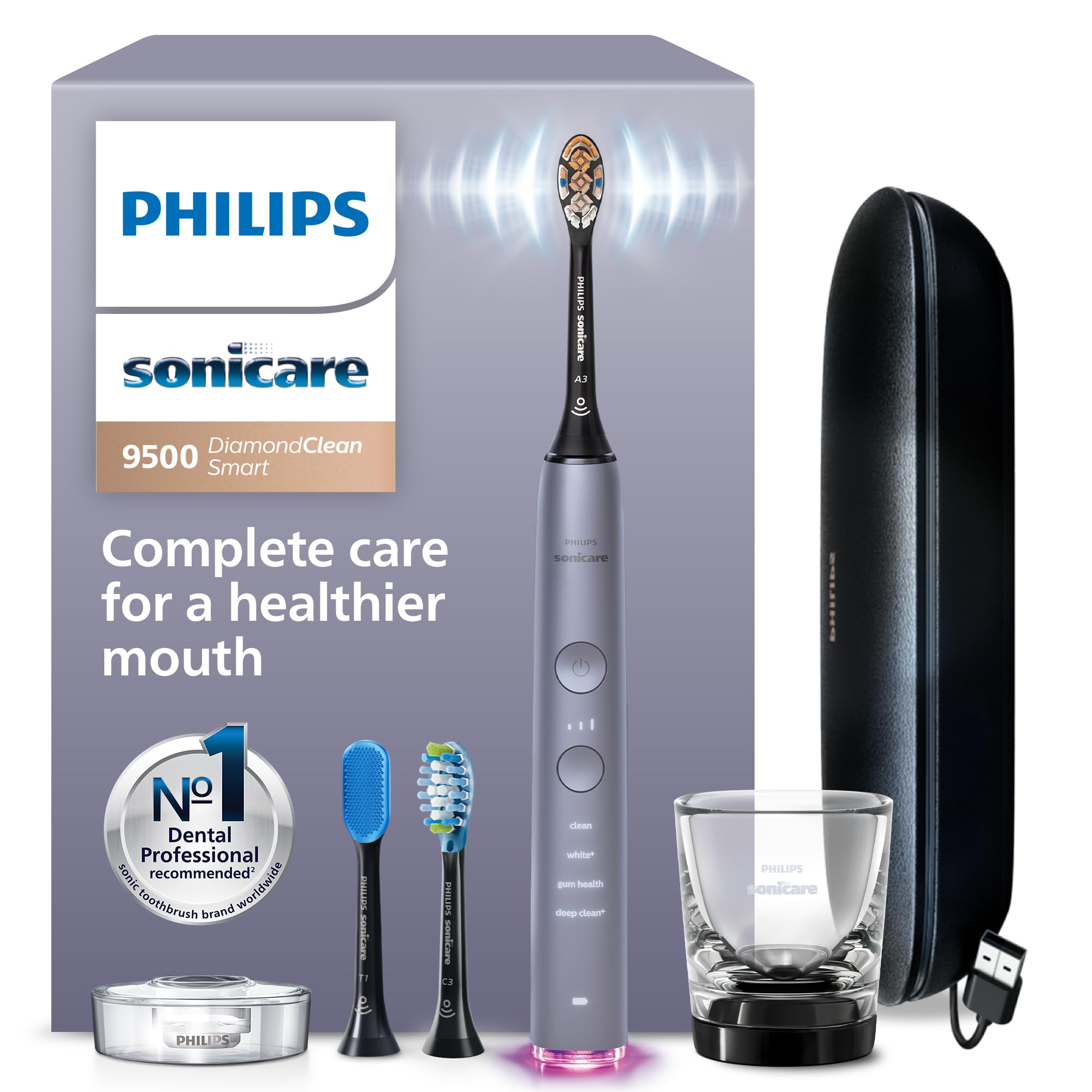 Photo 1 of Philips Sonicare DiamondClean Smart 9500 Electric Toothbrush - Sonic Toothbrush with App, Pressure Sensor, 15 Brushing Settings, Replacement Reminder, USB Charging Travel Case, Grey, Model HX9923/41