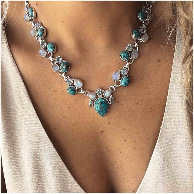 Yheakne Boho Turquoise Moonstone Necklace Silver Opal Moonstone Teardrop Necklace Natural Gemstone Necklace Vintage Statement Necklace Chain Jewelry for Women and Girls (XLF-259-u)