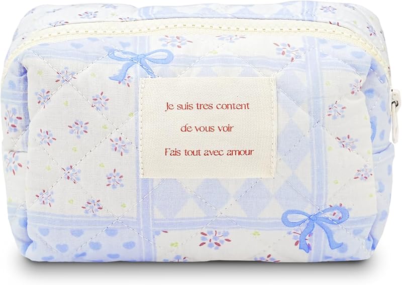 Necessaire de maquiagem Sminra em algodão matelassado com zíper, estampa floral azul, HH-01