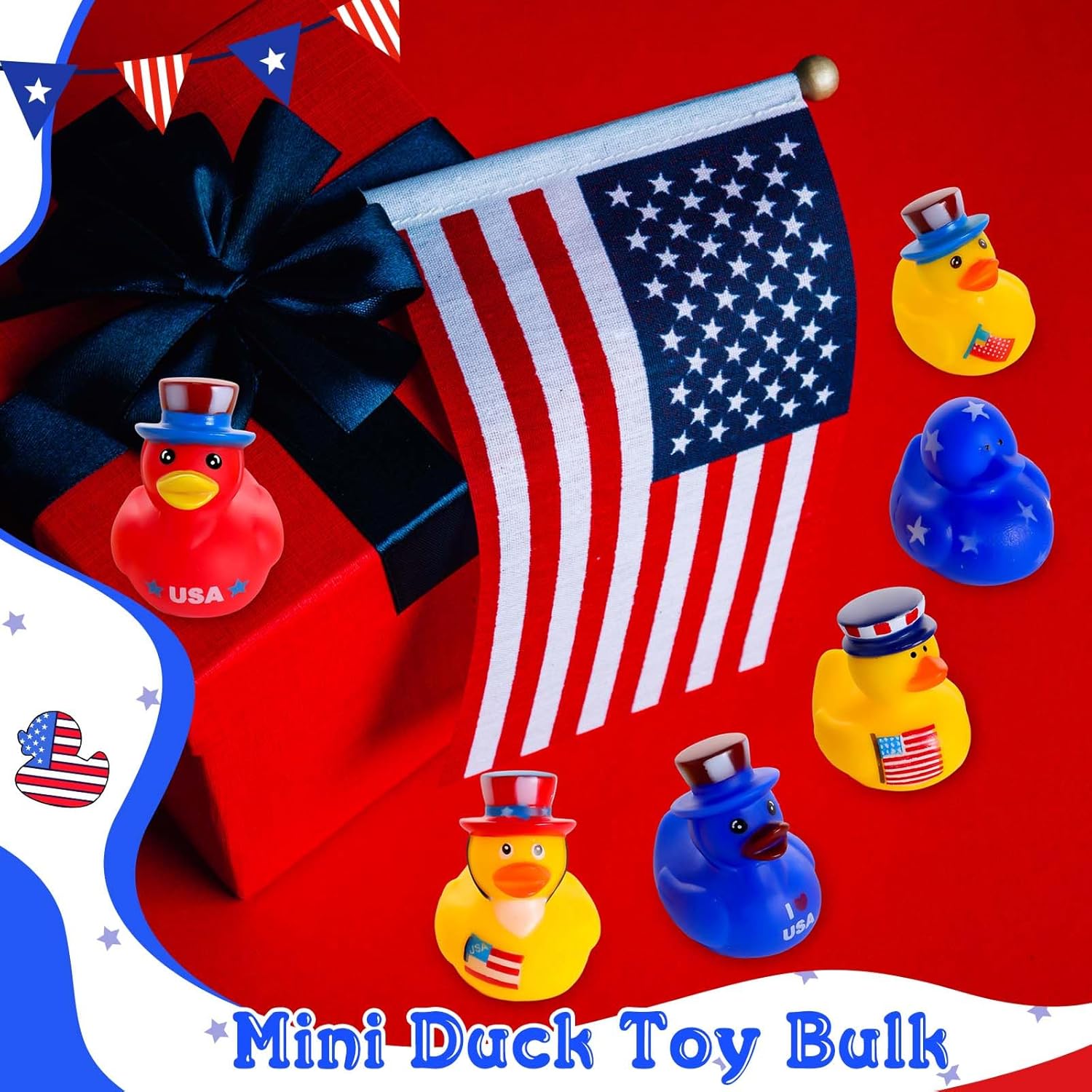 Sratte 48 Pcs Patriotic Rubber Ducks Independence Day Novelty Funny 4th of July Rubber Ducks Bath Water Pool Toys for Shower Bath Party Gifts Class Rewards Prizes Goodie Bags Stuffers