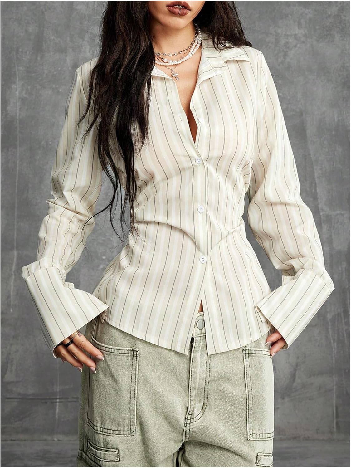 SweatyRocks Women's Y2K Striped Button Down Fitted Blouse Trendy Bell Sleeve Collared Shirt Tops - Image 4