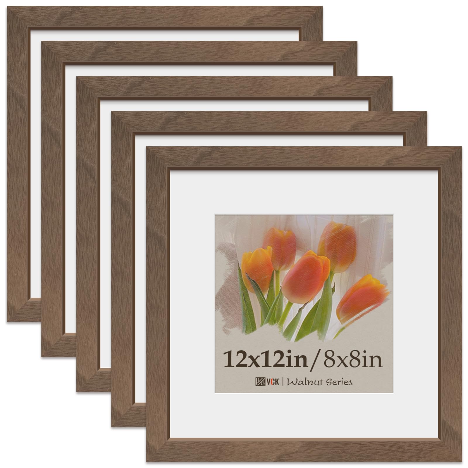 VCK 12x12 Picture Frame 5 Pack, Natural Wood Grain Brown Walnut & HD Glass, Display 8x8 Photos with Mat or 12x12 without Mat, Wall Hanging