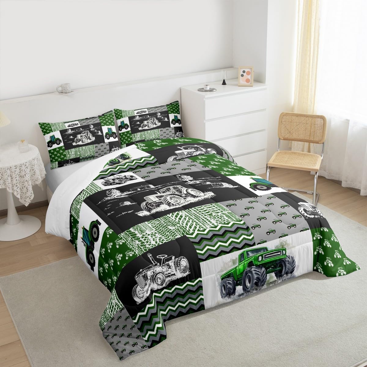 Tractor Bedding Set Twin Size Equipment Trucks Comforter Farmhouse Harvester Down Comforter for Kids Boys Car Bedroom Decor Green Vehicle Quilt Plaid with 1 Pillowcase, Grey - Image 6