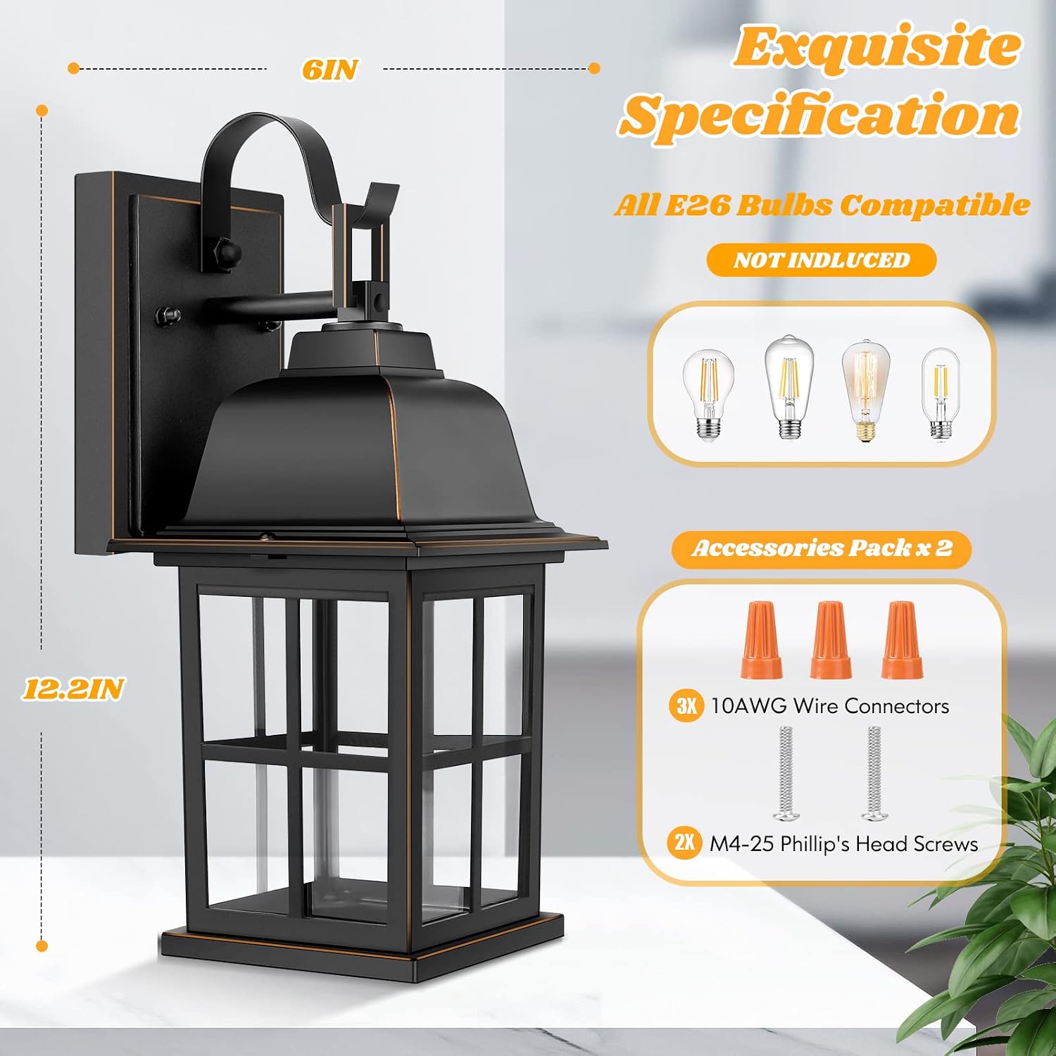 2-Pack Outdoor Wall Sconces, 100% Aluminium Oil-Rubbed Bronze Exterior Light Fixtures Wall Mount, Waterproof &Anti-Rust Outside Wall Lanterns Porch Lights for House Garage Doorway, Bulbs Not Included