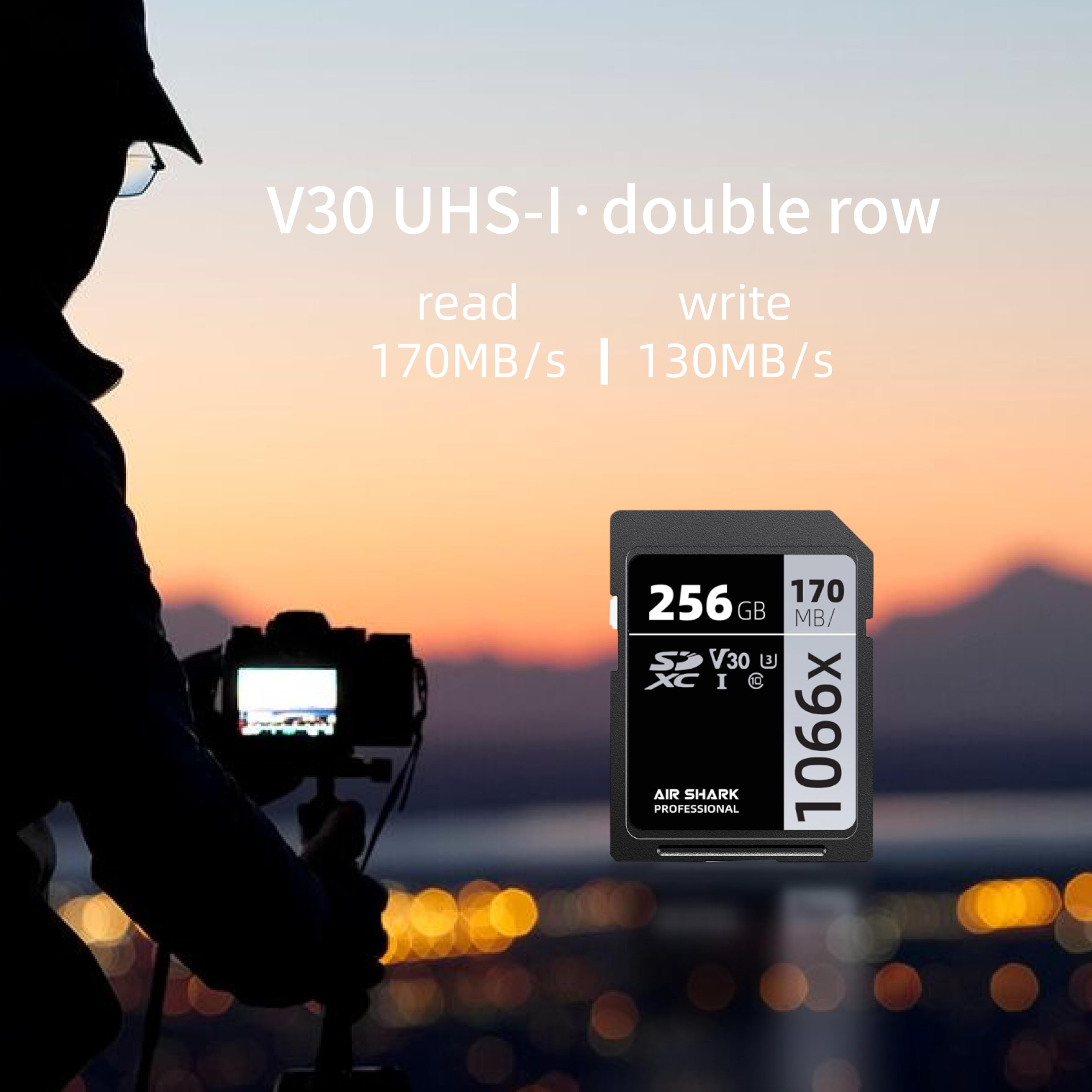Air Shark - Tarjeta de memoria SDXC profesional, 64 GB, V30 clase 10, velocidad de transferencia de 170 MB/s