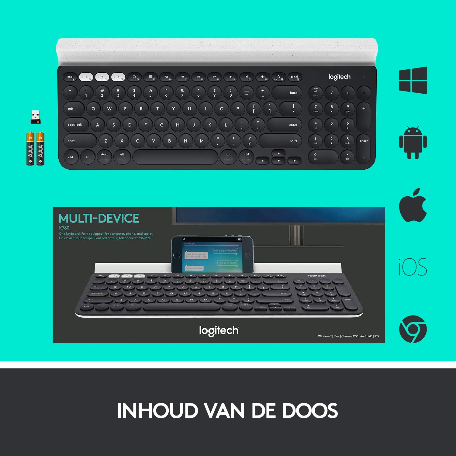 Logitech K780 Multi-Device Wireless Keyboard, Jedna Klawiatura. W Pełni Wyposażona. Do Komputera, Telefonu I Tabletu,Pc - Szary,920-008042