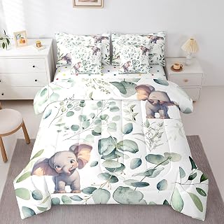 Boys Cartoon Animal Bedding Comforter Sets 7pcs for Kids Kawaii Elephant Bed in a Bag, Jungle Wildlife Twin Bedding Sets Woodland Animal Comforter Set, Botanical Green Eucalyptus Bedding Sets