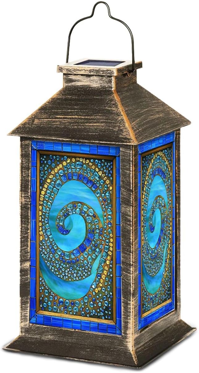 Solar Lantern Stained Glass Window Panel Mermaids Ocean Waves Shells Seaweed Outdoor Waterproof Garden Hanging Lantern Solar Powered Lighting Outside Table Lamp for Patio Deck Camping 1 Pack