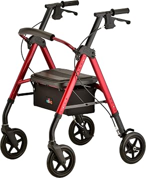 NOVA Star DX Foldable Rollator Walker, Wide Padded Seat, 8 Rugged All-Terrain Wheels, Easy-Grip Locking Hand Brakes, Fold Lock, Height Adjustable, 350 lb Capacity, Red