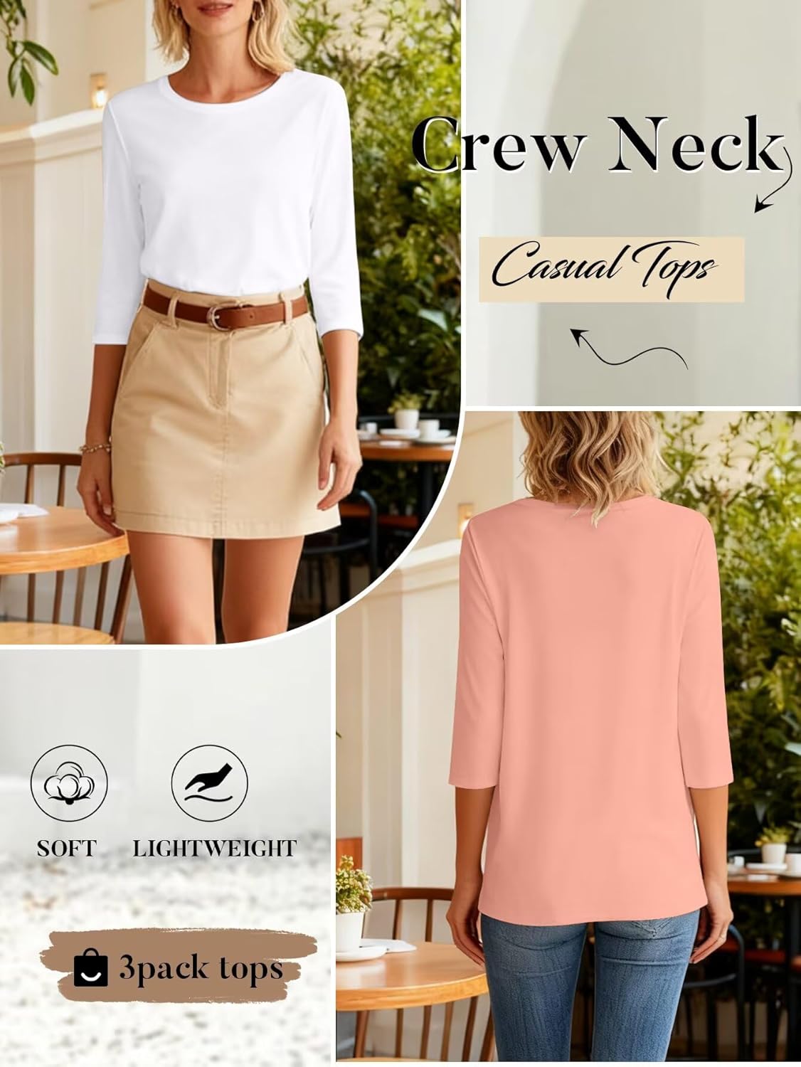 Bliwov 3 Pack 3/4 Sleeve Tops for Women Crewneck Basics Casual Work Tees Spring Summer Trendy T Shirts 2026 Clothes Blouses - Image 4