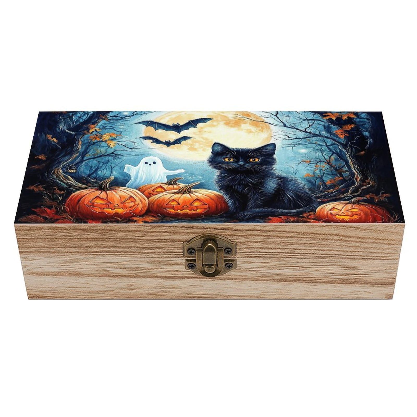Halloween Black Cat Pumpkins Ghosts Wooden Storage Box with Hinged Lid