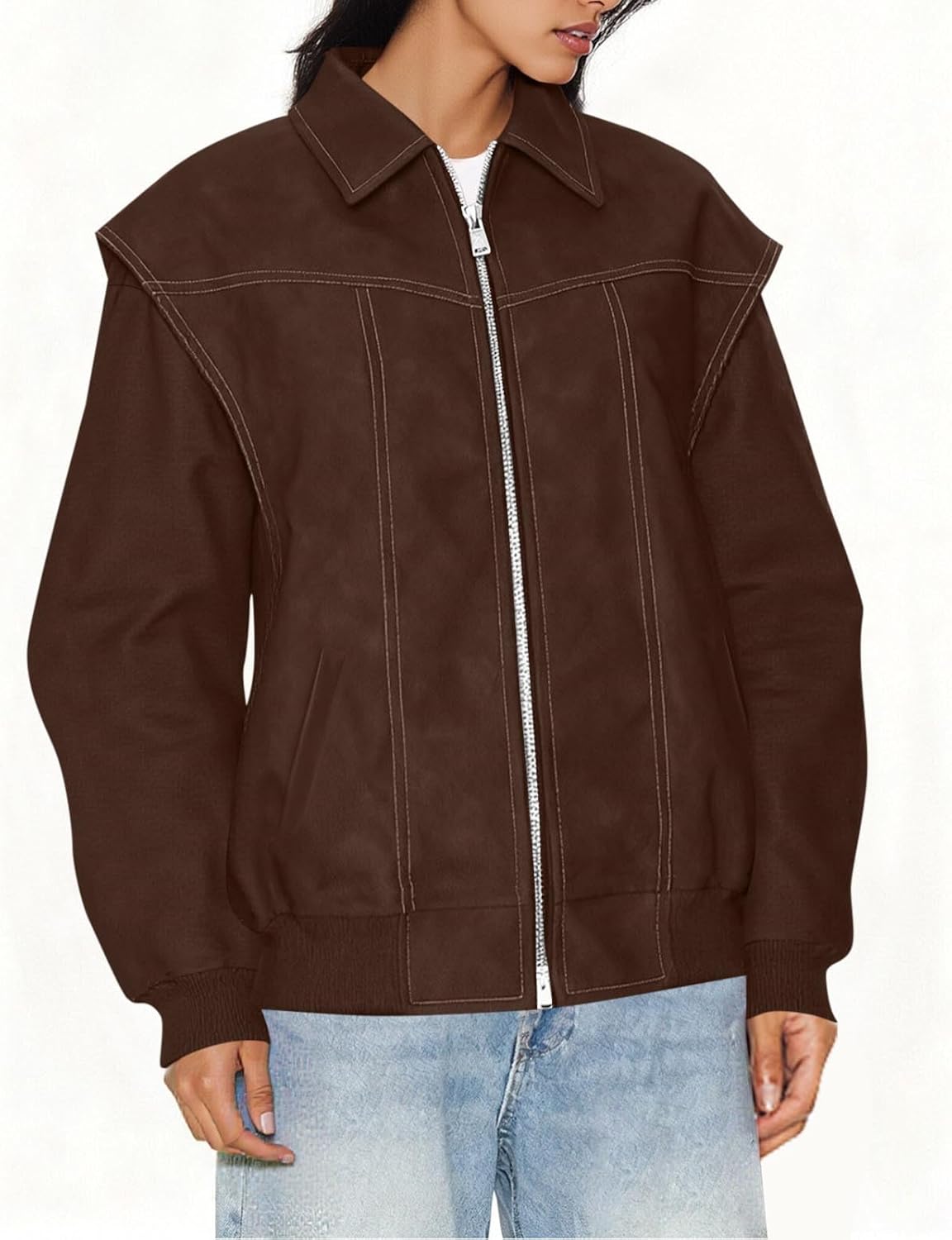 Womens Faux Leather Jacket Cropped Long Sleeve Short Jackets Lapel Zip Up Open Front Coat Trendy Y2k Motobike Coats