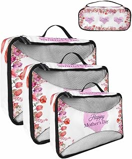 Mother's Day Pink Red Floral 4 Set Packing Cubes, Spring Blossom Leaves Packing Cubes for Carry on Suitcase Travel Essential Bag for Clothes Shoes Cosmetics Toiletry