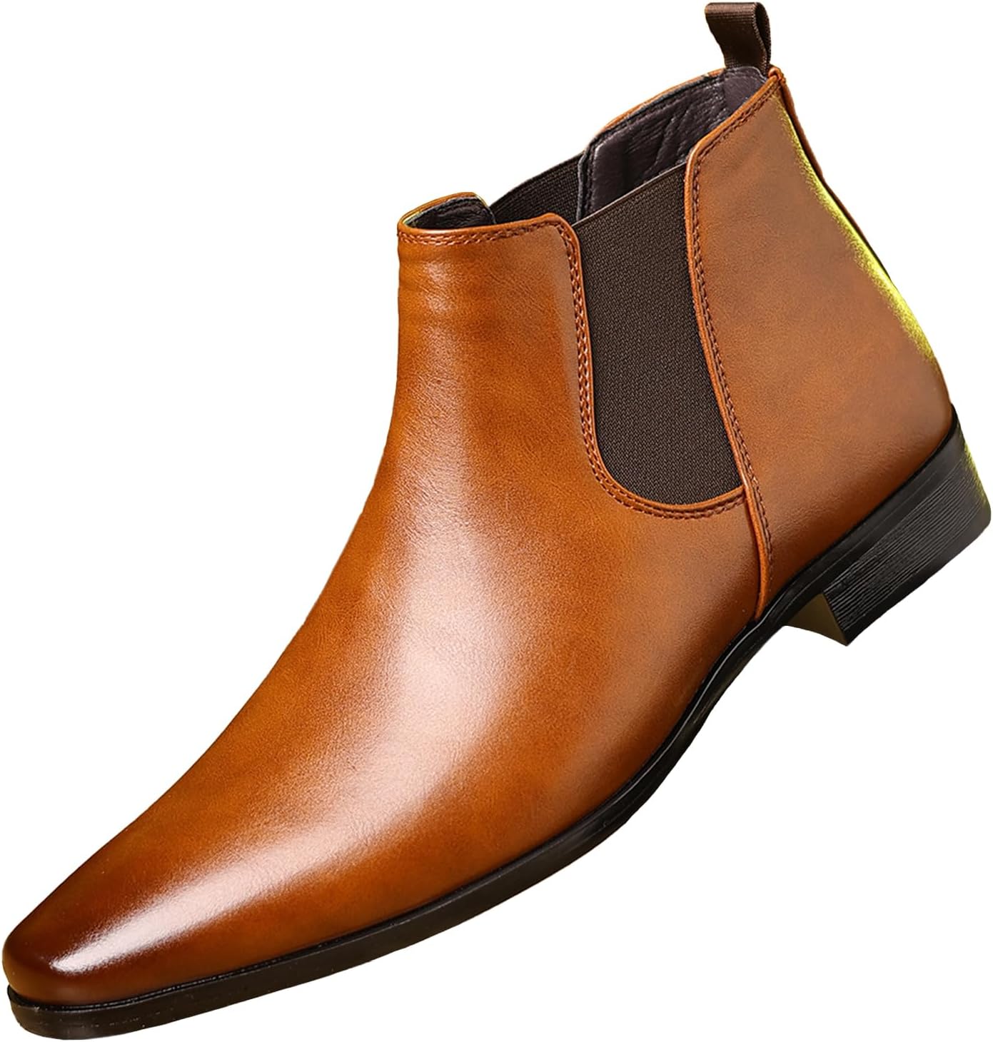 Men's Square Toe Leather Chelsea Boots British Retro Design Slip On Elastic Ankle Boots Slip Resistant Cushion Comfort Dress Boots for Business Casual Work