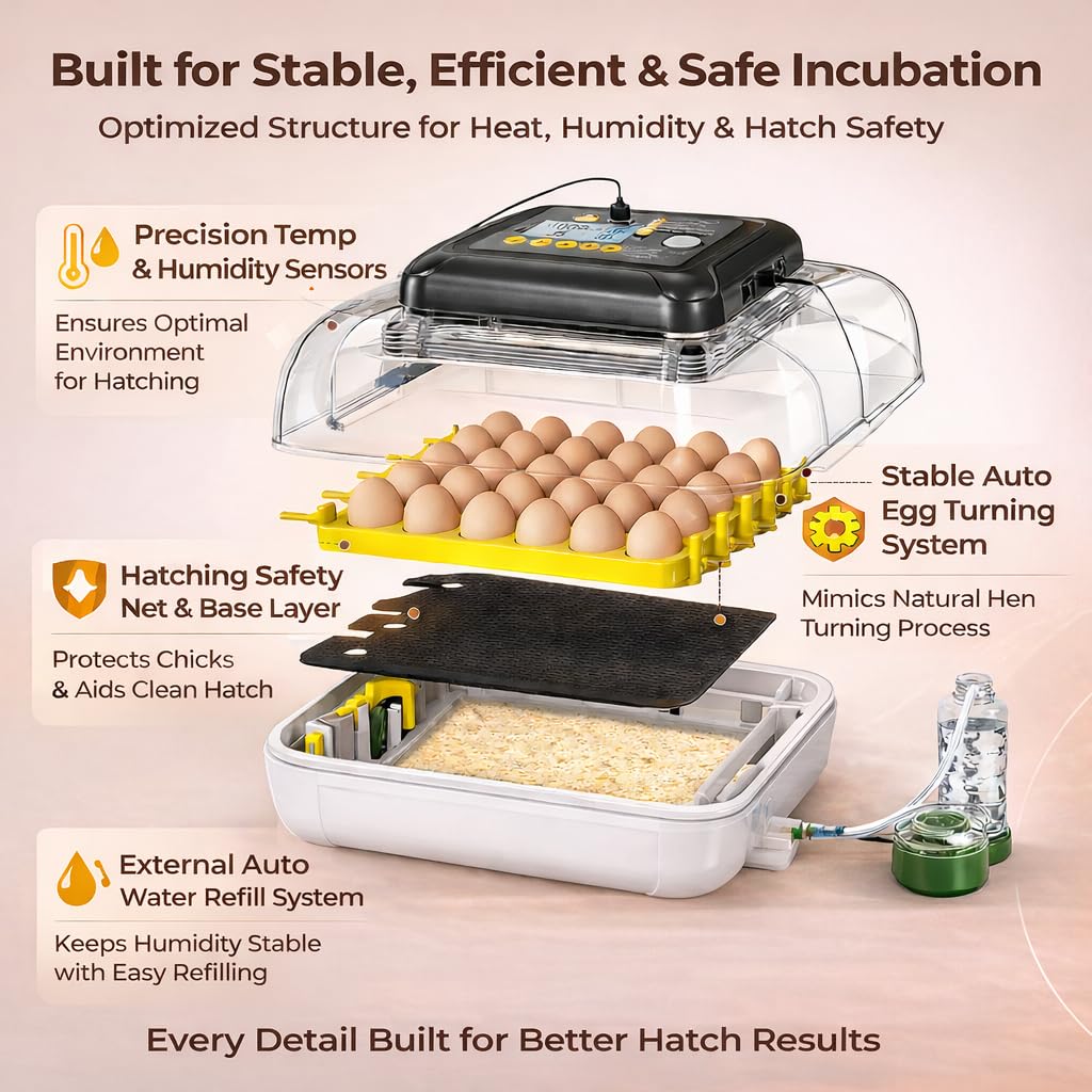 Egg Incubator for Hatching Eggs 30 Eggs, Chicken Incubator with Automatic Egg Turning, Temperature & Humidity Control, Egg Candler, Poultry Incubator for Chicken Quail