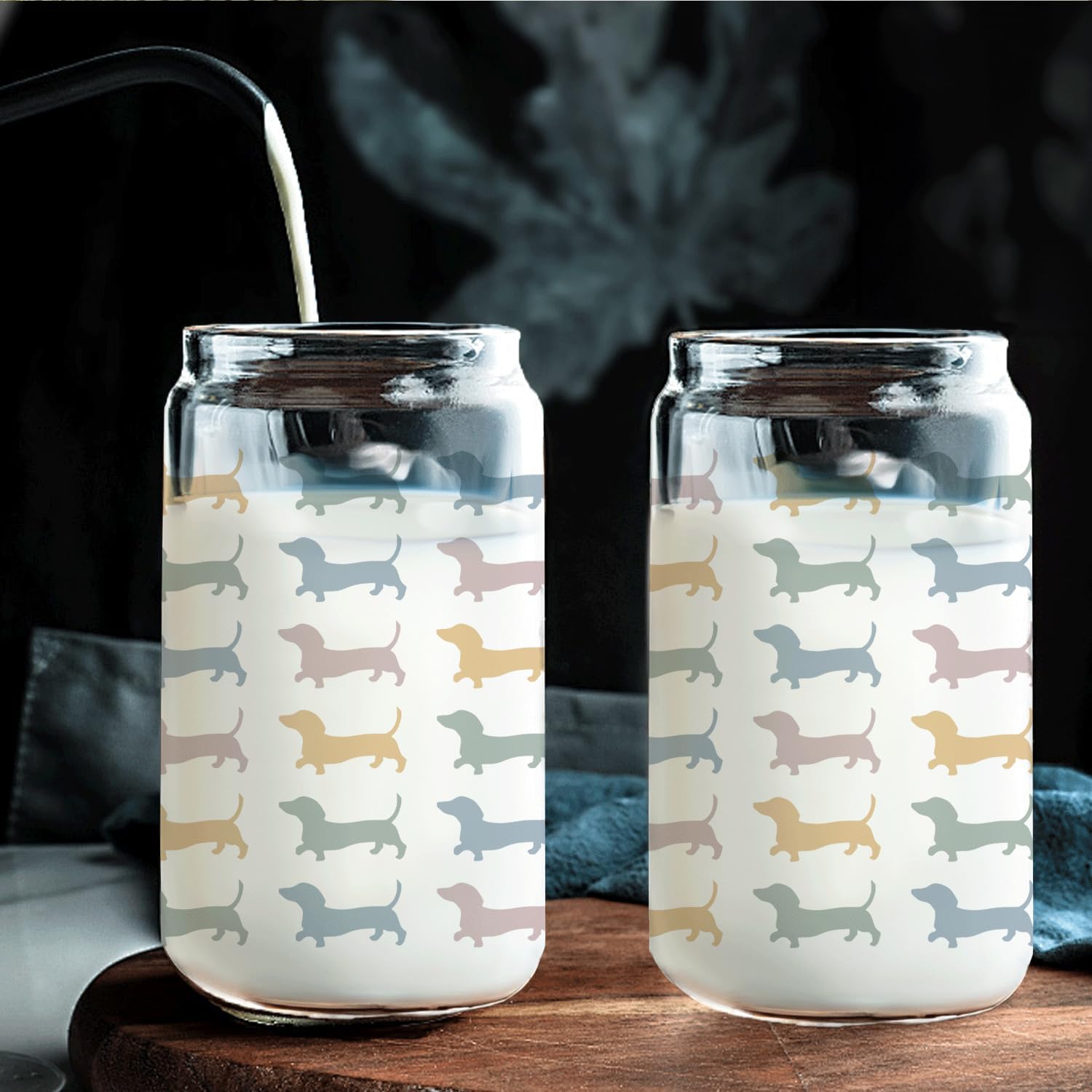 Colorful Dachshund Dog Glass Cup with Lids and Straws 14oz, Long Haired Dachshund Gifts, Weiner Dog Gifts for Women Iced Coffee Tumbler Drinking Jars with Cleaning Brush